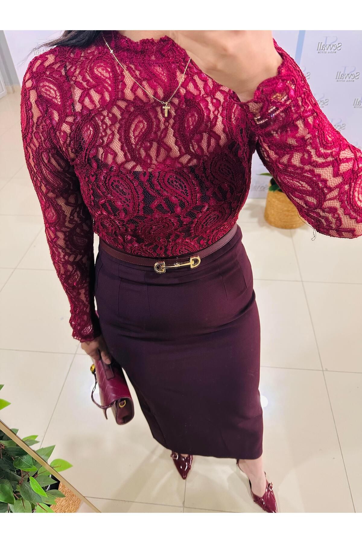 Sevval DANTEL BLUZ BORDO