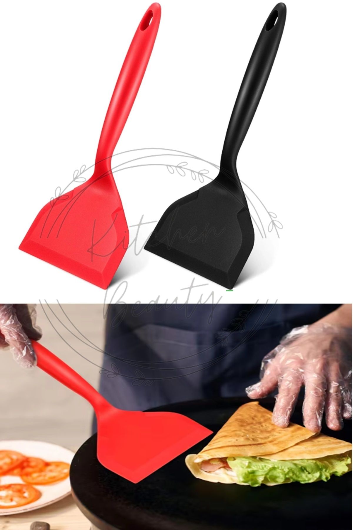 Kitchen Beauty 2 ADET Servis Spatula Sert Uçlu Ekstra Geniş Ağızlı Silikon Spatula Börek Bazlama Servis Kaşığı