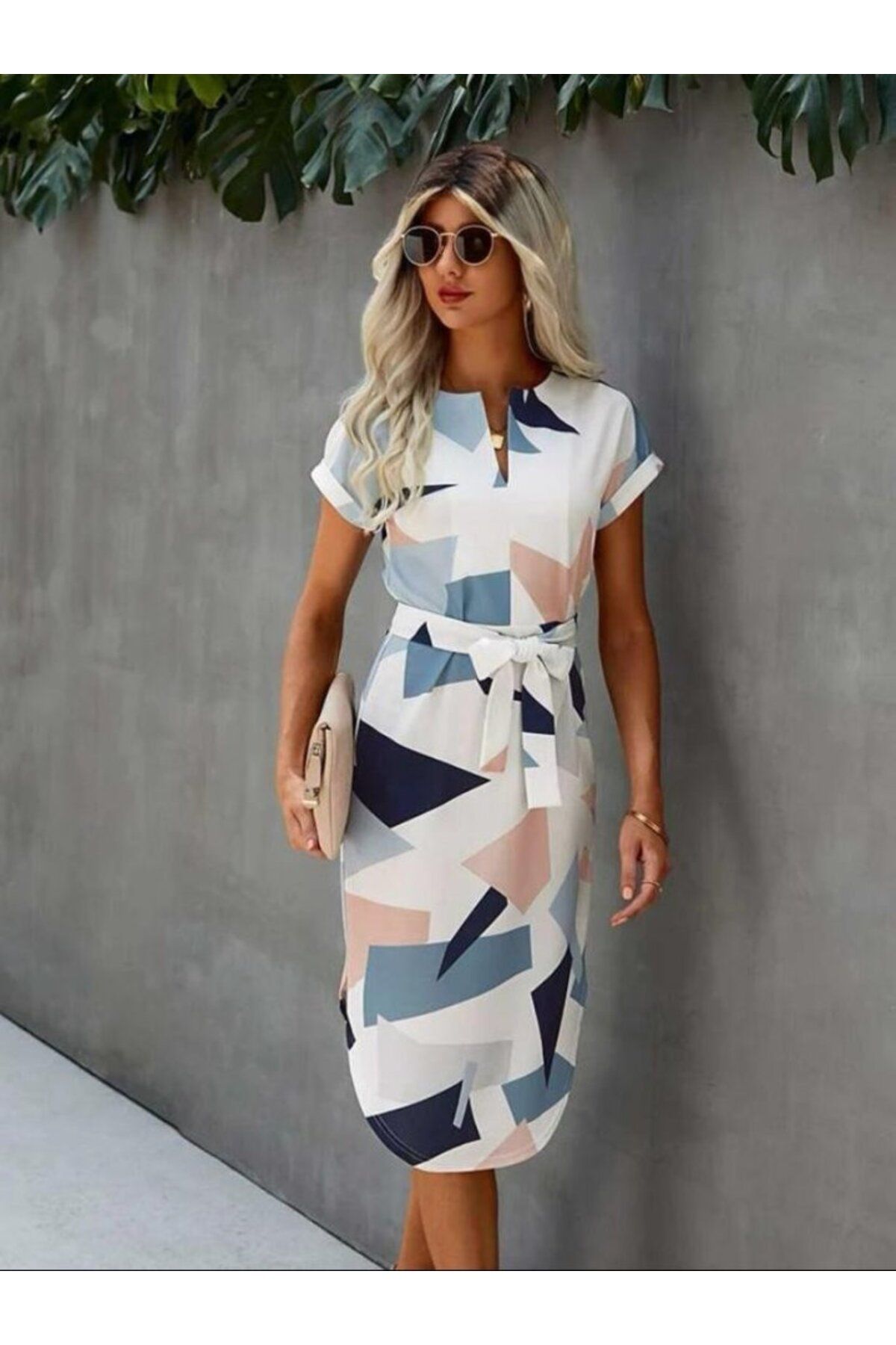 velmorafashion Kadın çentik Yaka Geometrik Desen Baskılı Mikro Kumaş Midi Moy Elbise
