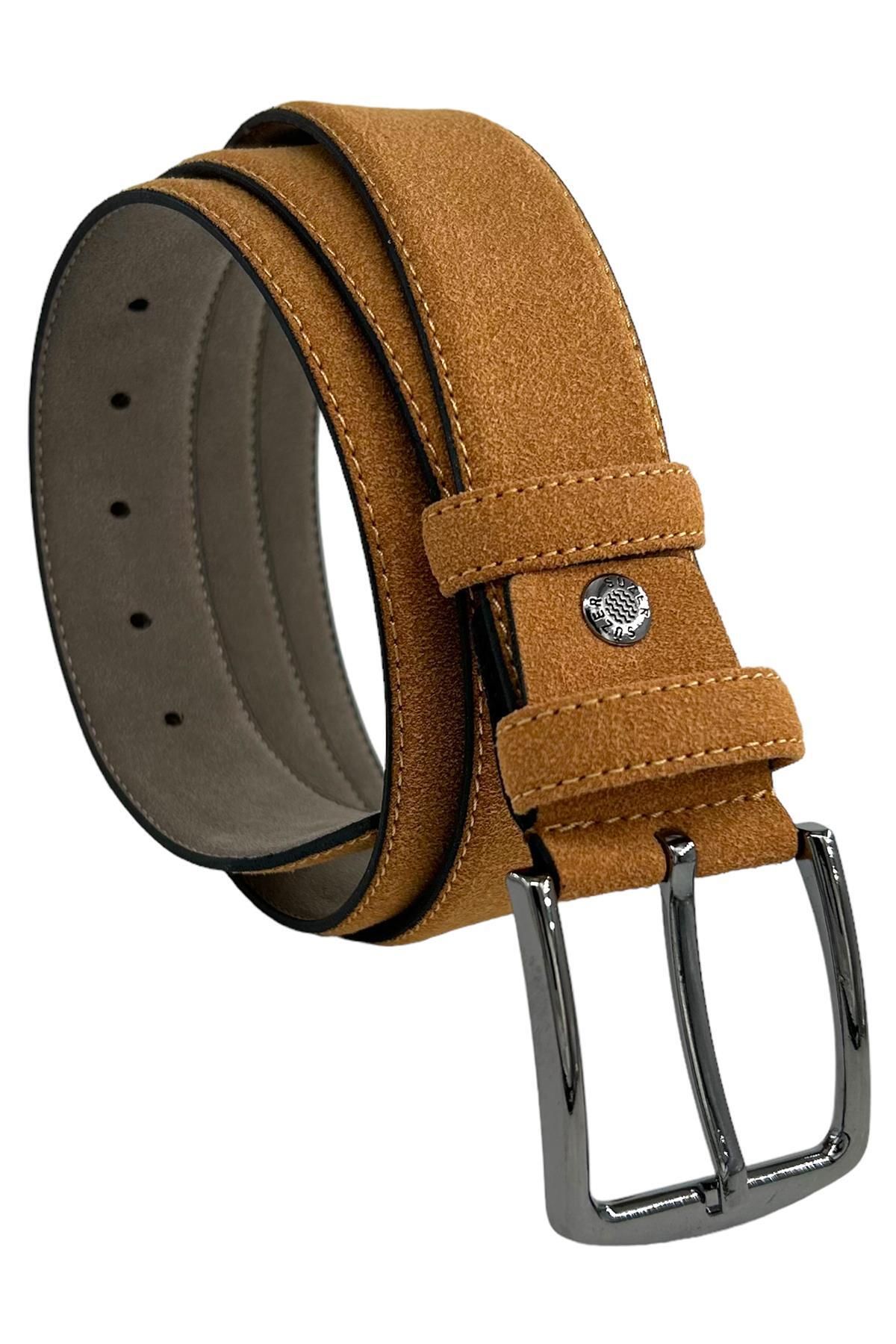 S.S SÜZER DERİ Taba Süet Suni Deri Kenarları Dikişli 4 cm. Genişlikli Klasik Erkek Kemer - XD-7400-811-ST