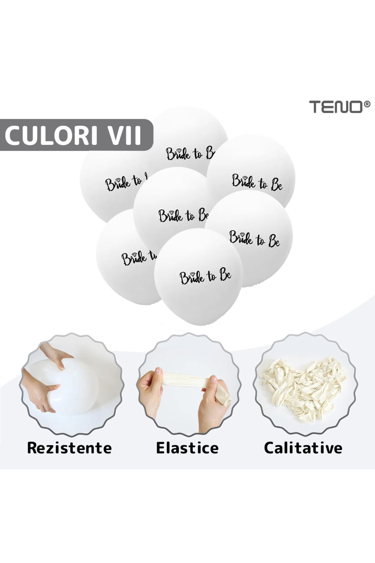 Teno-Set 6 Baloane Teno®, pentru Petreceri/Evenimente, model BRIDE TO BE, 30 cm, alb 3