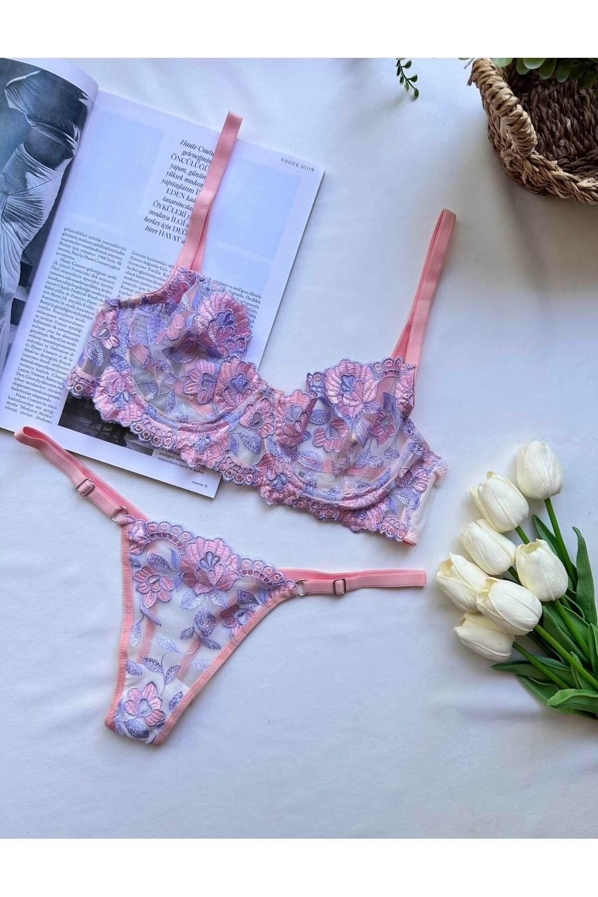 Gizliz Kadın Lila Pembe Çiçek İşlemeli Tül Sütyen-Tanga Takımı