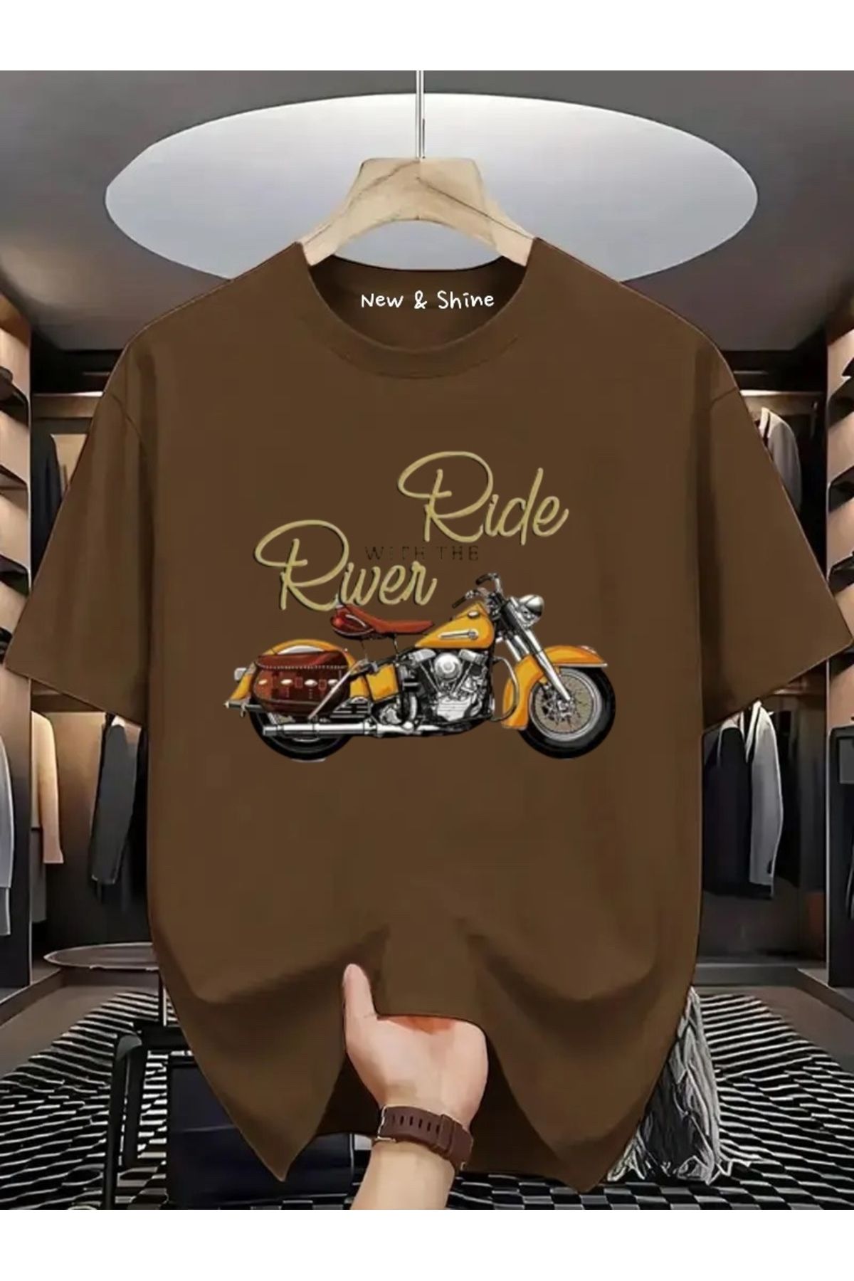 New Shine Ride River Motor Baskılı Oversize T-Shirt