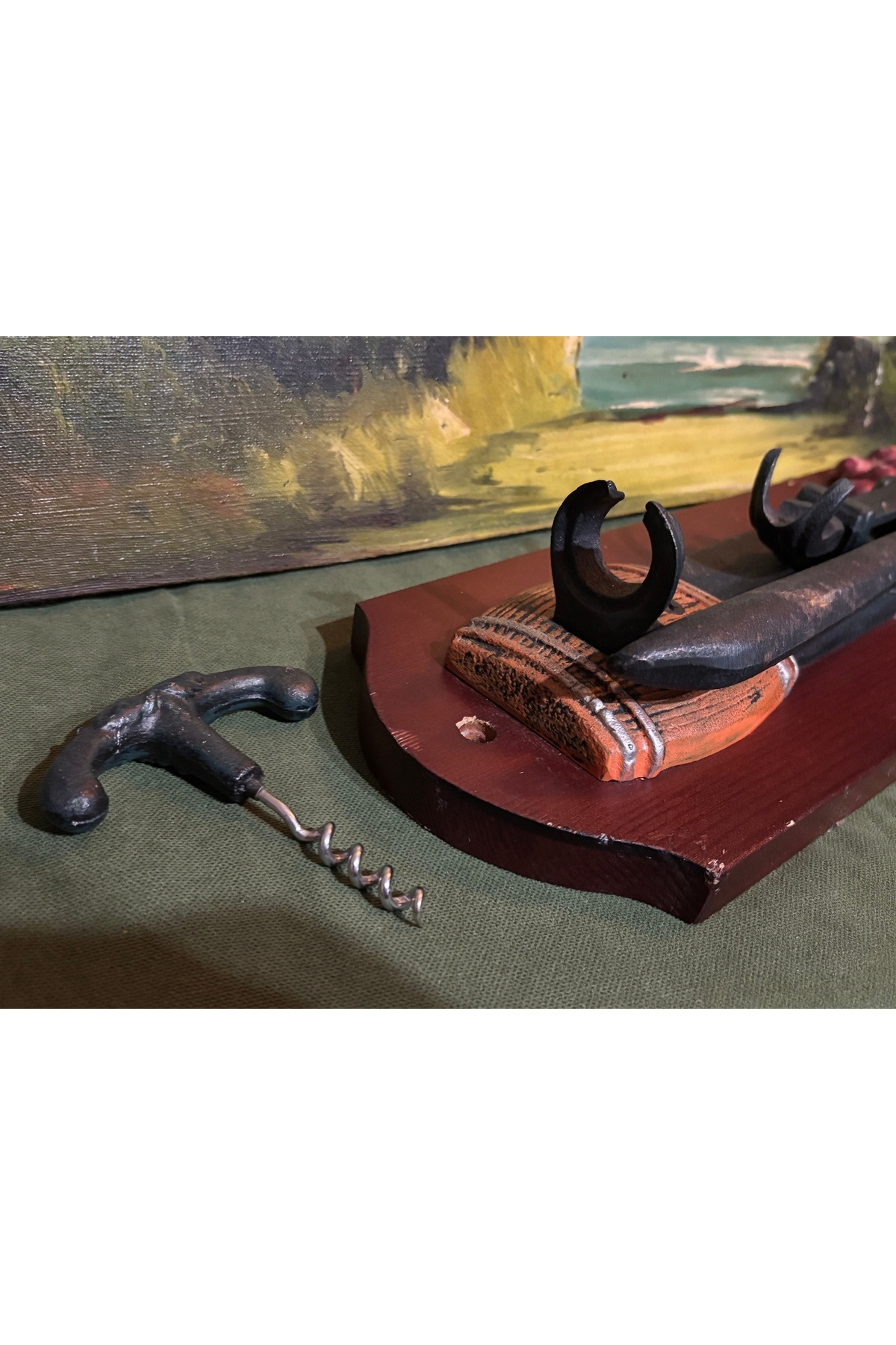 tayfuntufan antika koleksiyon-Wall Mounted Metal Wine Opener Corkscrew on Wooden Base Measures 41 cm 14 cm 7