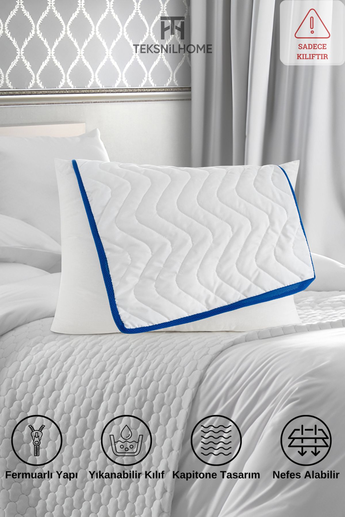 TeksNil Home Kapitoneli Klimalı Yastık Kılıfı Mavi Biyeli 50x70cm