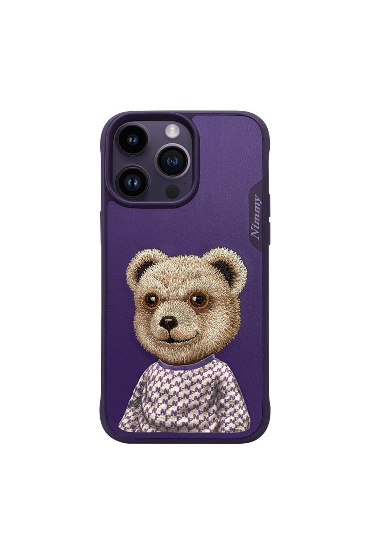 Nimmy iPhone 15 Pro Uyumlu 3D Kıyafet Mor Ayıcık Detaylı Nakış İşlemeli Kabartmalı Fashion Pet Kılıf
