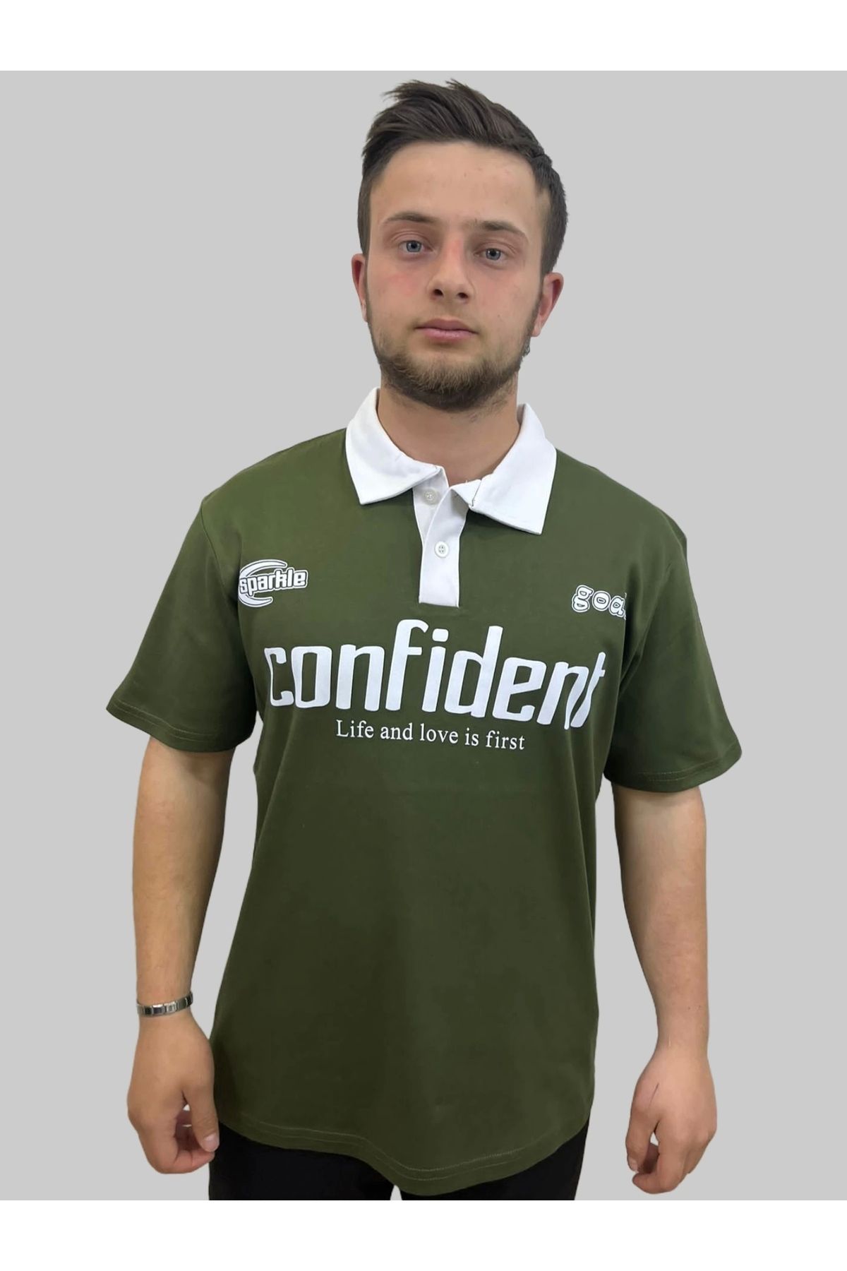 daniel milano Erkek Coffident Polo Yaka Baskılı Haki Tişört