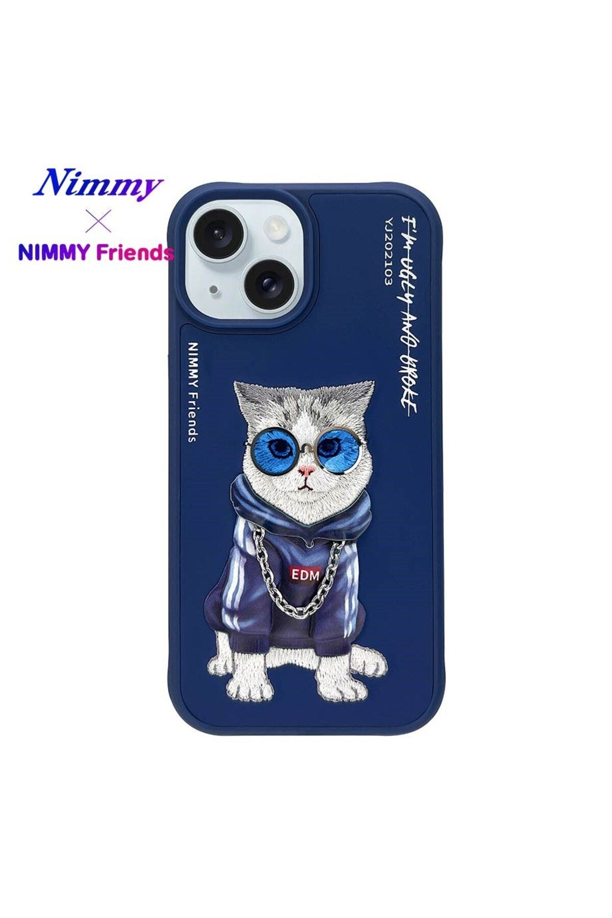 Nimmy iPhone 15 Uyumlu 3D Gözlük Zincir Handsome Kedi Detaylı Nakış İşlemeli Kabartmalı Cool Glasses Kılıf