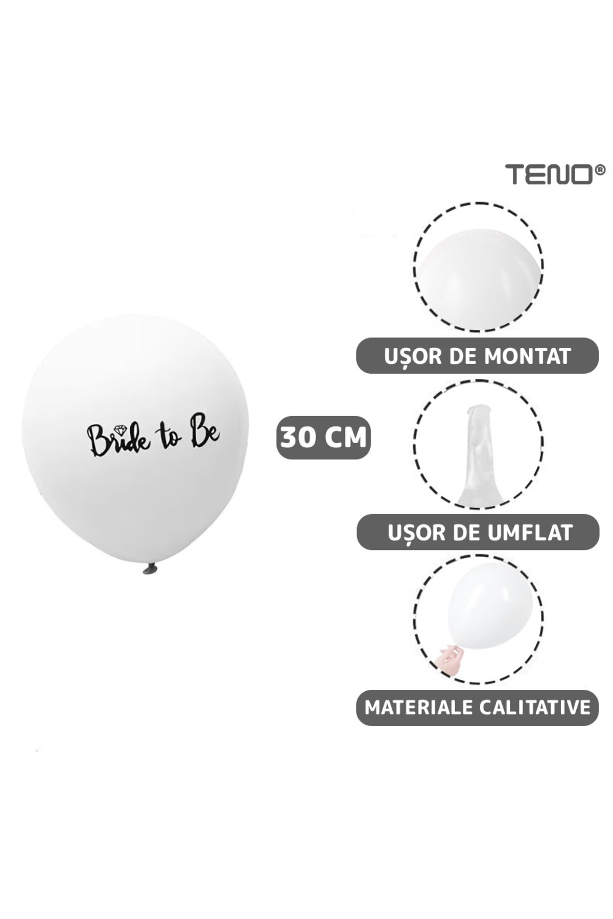 Teno-Set 6 Baloane Teno®, pentru Petreceri/Evenimente, model BRIDE TO BE, 30 cm, alb 5