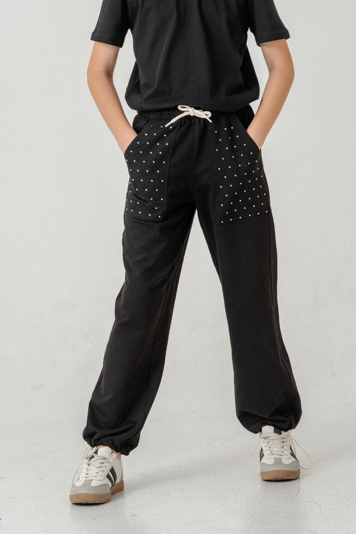 Pocket Rhinestone Leg Brit Elastic Stopper Girl Sweatpants