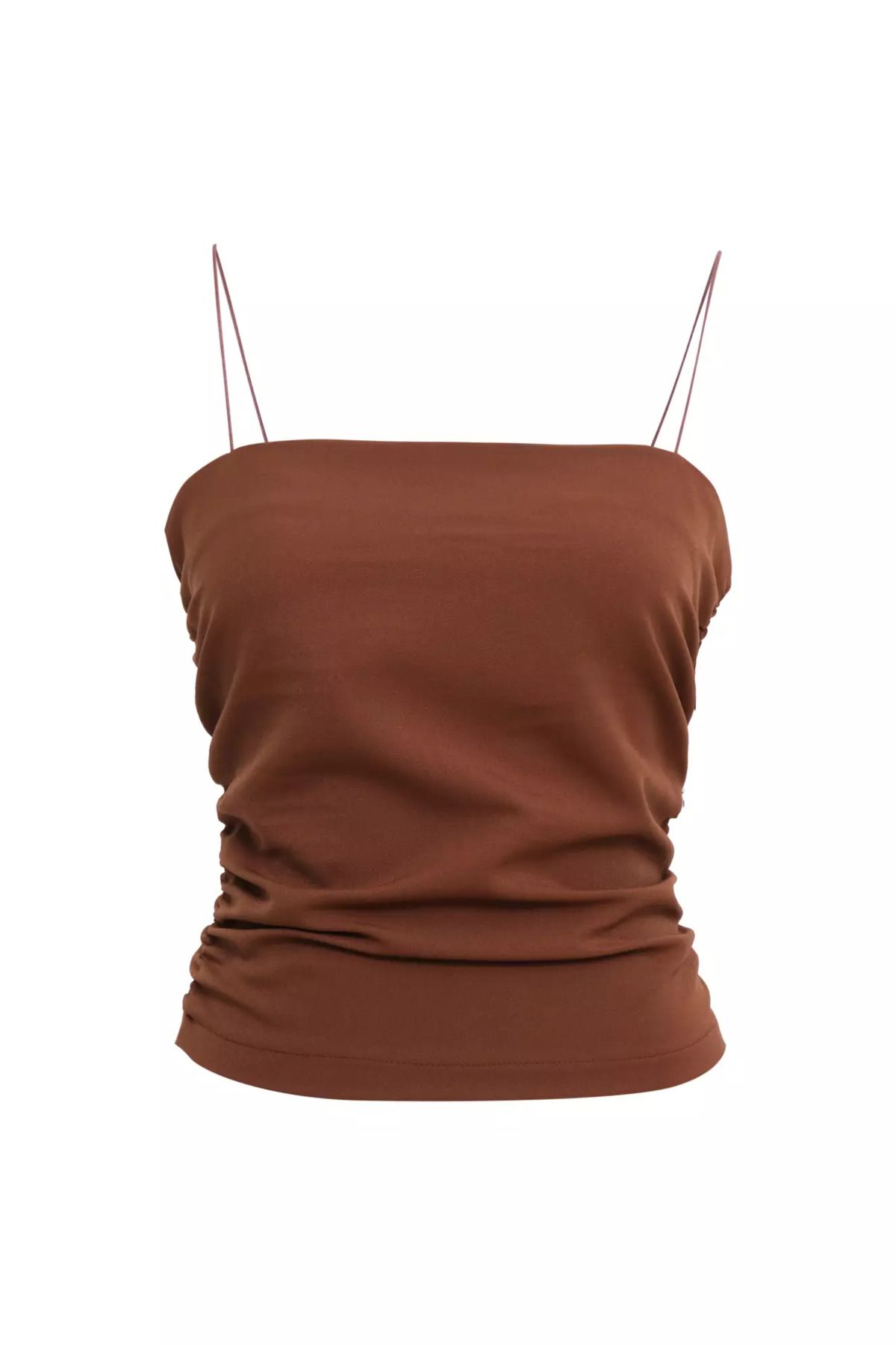 Keikei Kahverengi krep kolsuz kısa crop top