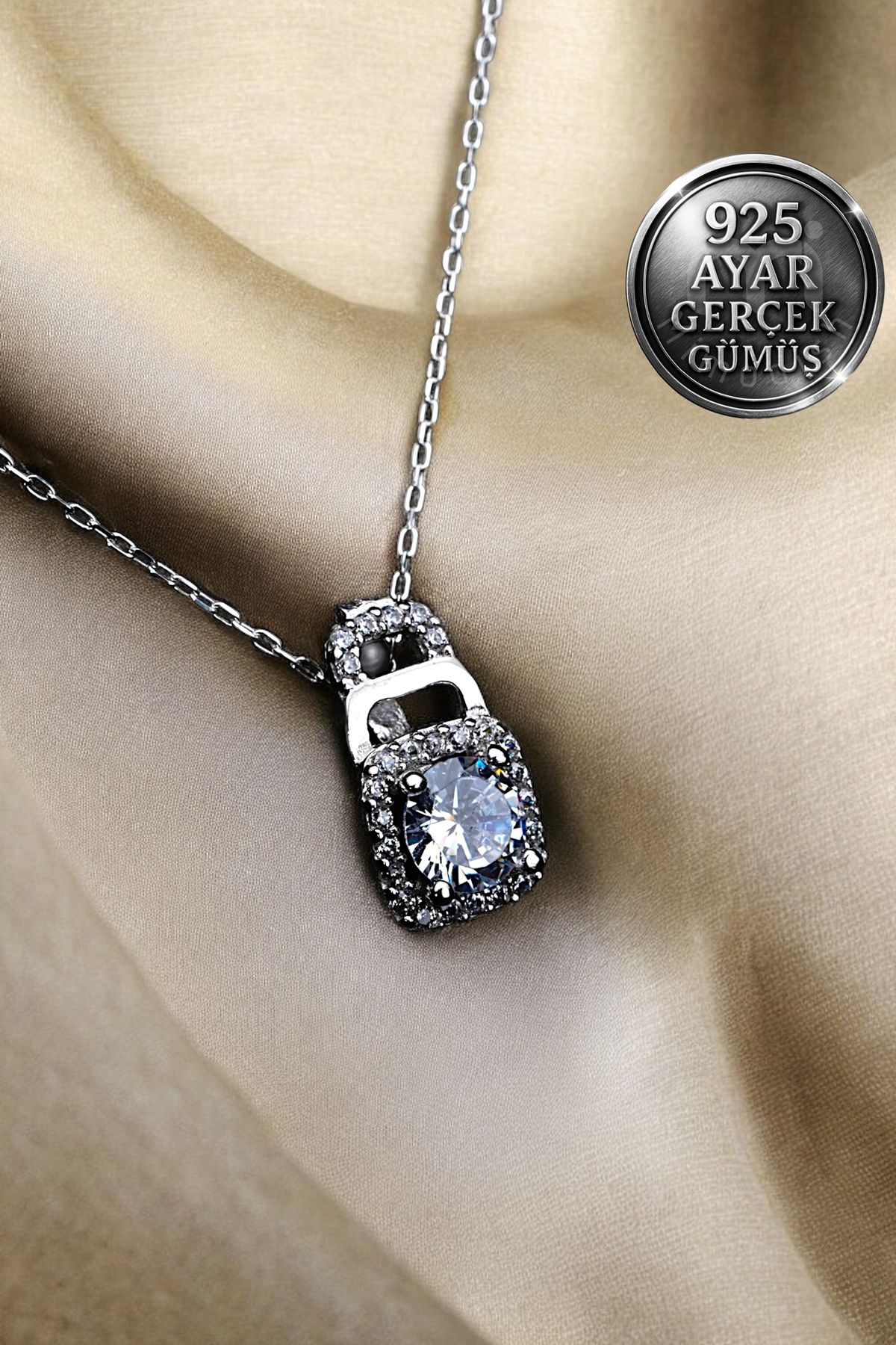 Mimodish 925 Ayar Gerçek Gümüş Kadın Kolye Sevgiliye Hediye Cushion Cut Halo Model 925 Ayar Kadın Gümüş Kolye