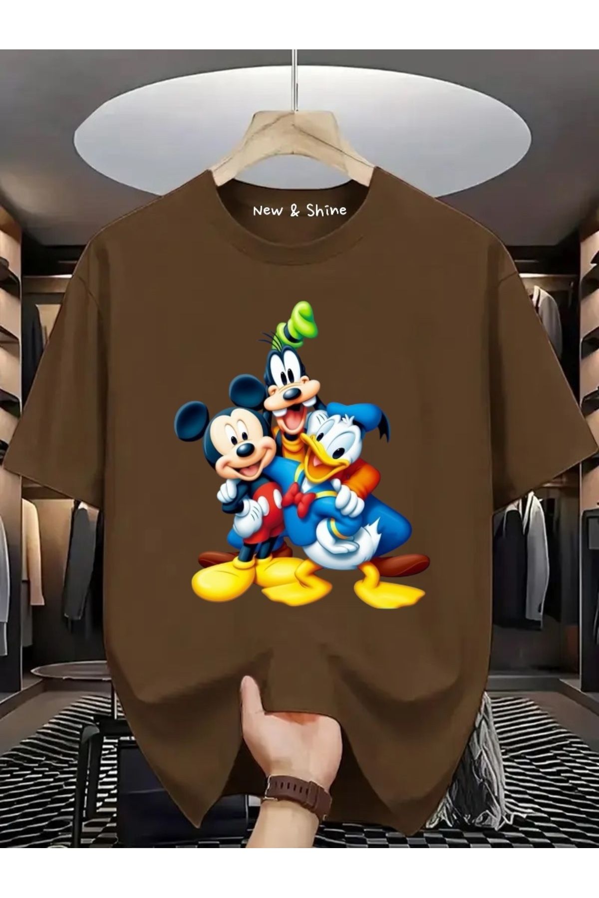 New Shine Mickey Mouse Donald Duck Goofy Baskılı Oversize T-Shirt