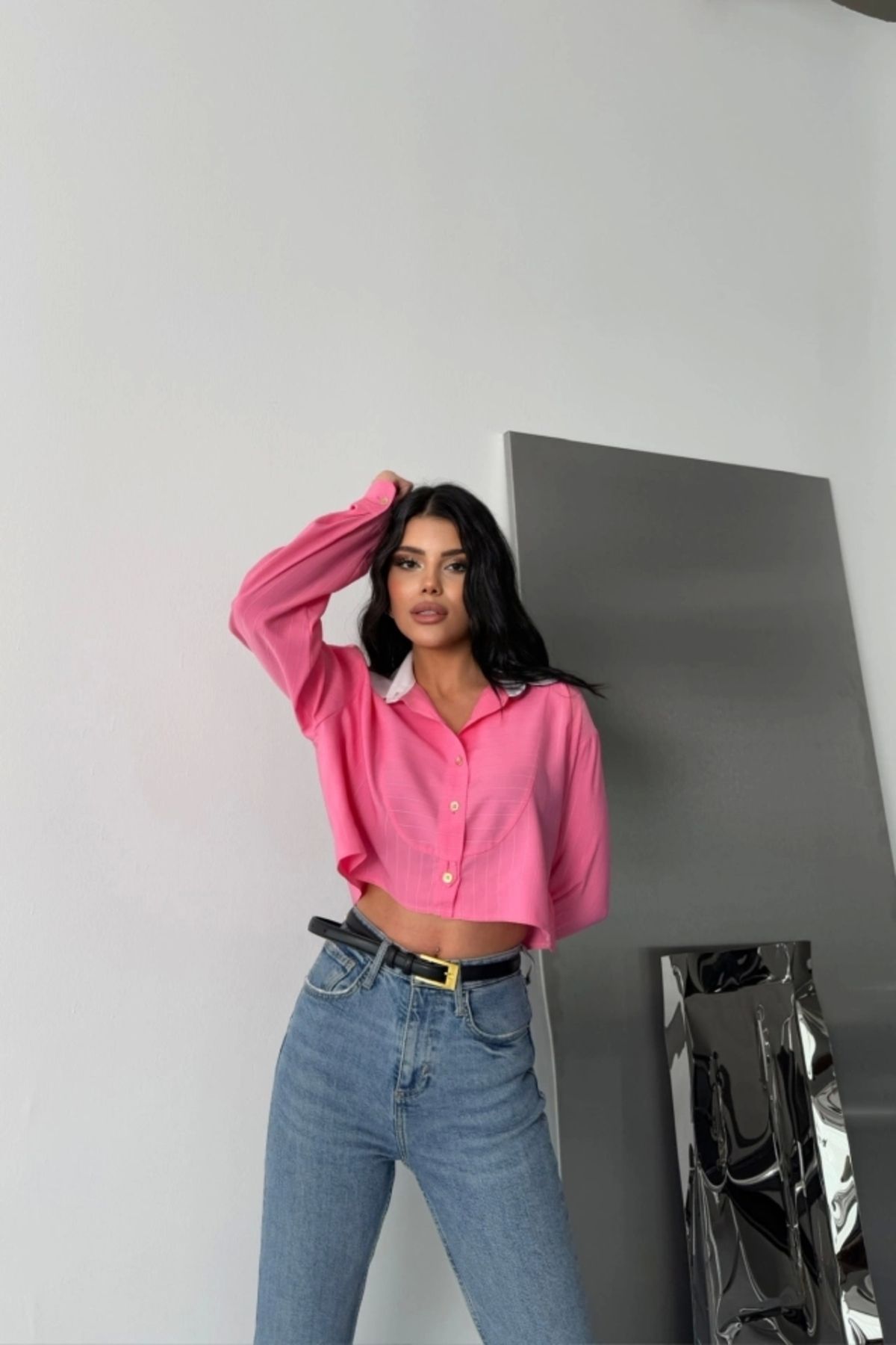 nedo7 CROP GÖMLEK BEYAZ YAKA VE ETİKET DETAYLI - Pembe