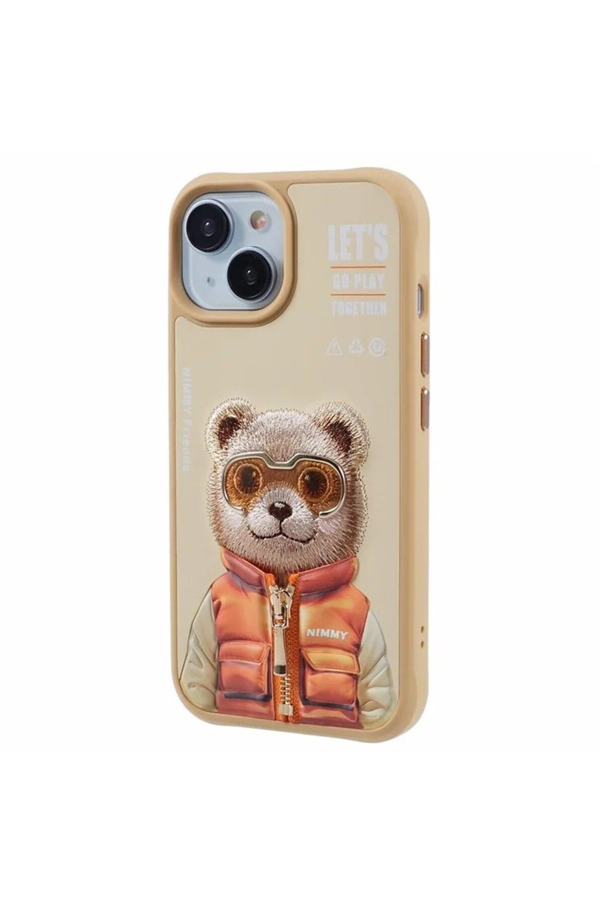Nimmy iPhone 15 Uyumlu 3D Gözlük Fermuar Ayıcık Detaylı Nakış İşlemeli Kabartmalı Cool Cute Kılıf