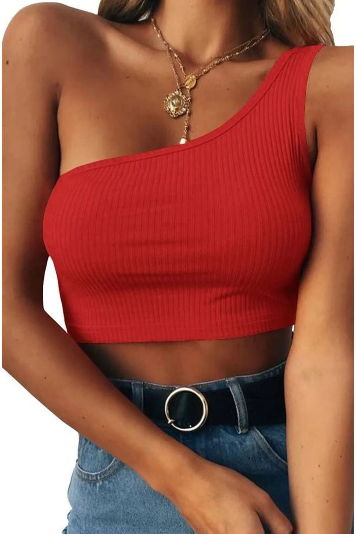 ARONA kadın kırmızı tek omuz crop bluz