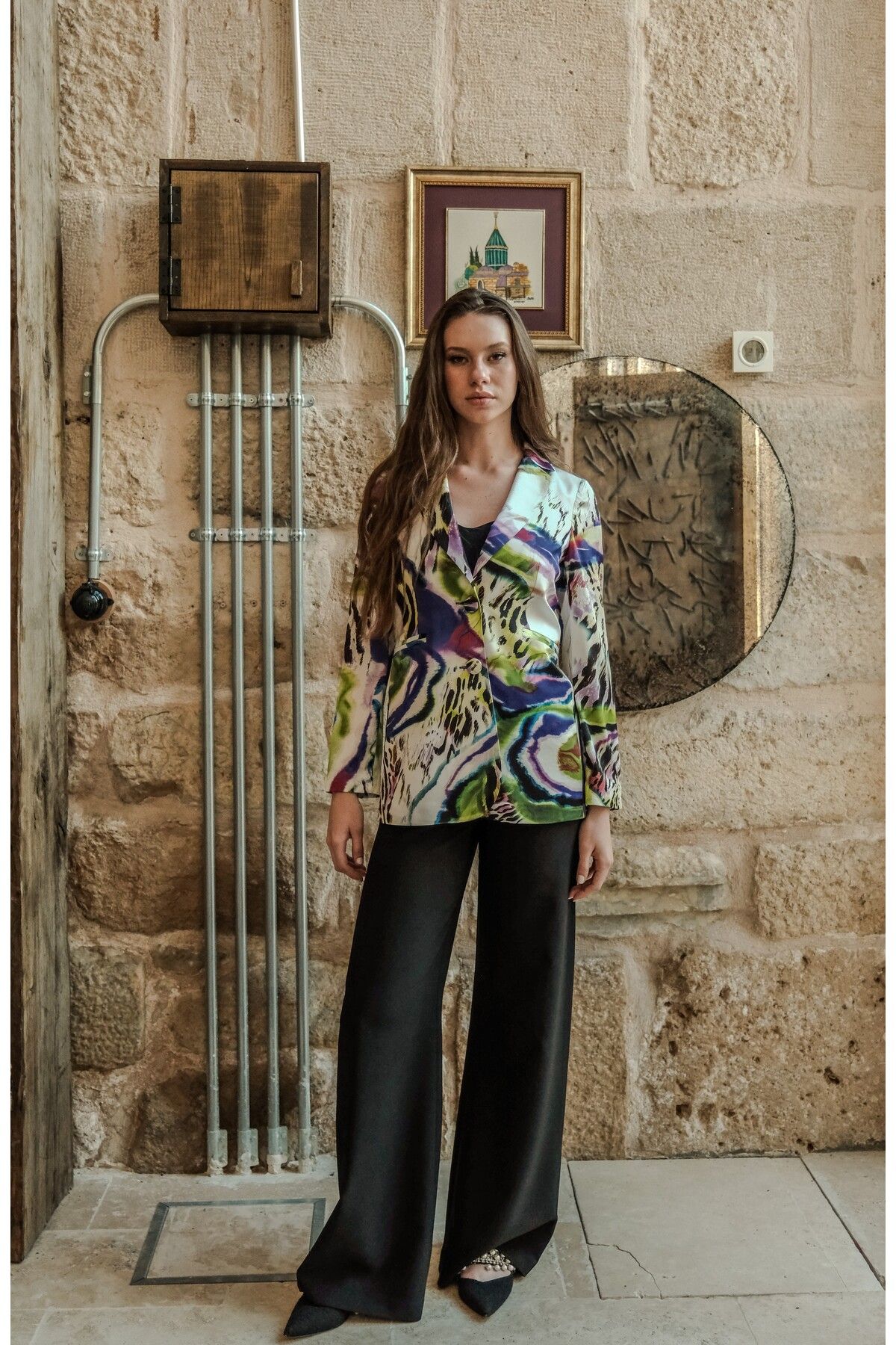 Esra Semiz YEŞİL MOR DESENLİ İPEK SATEN BLAZER