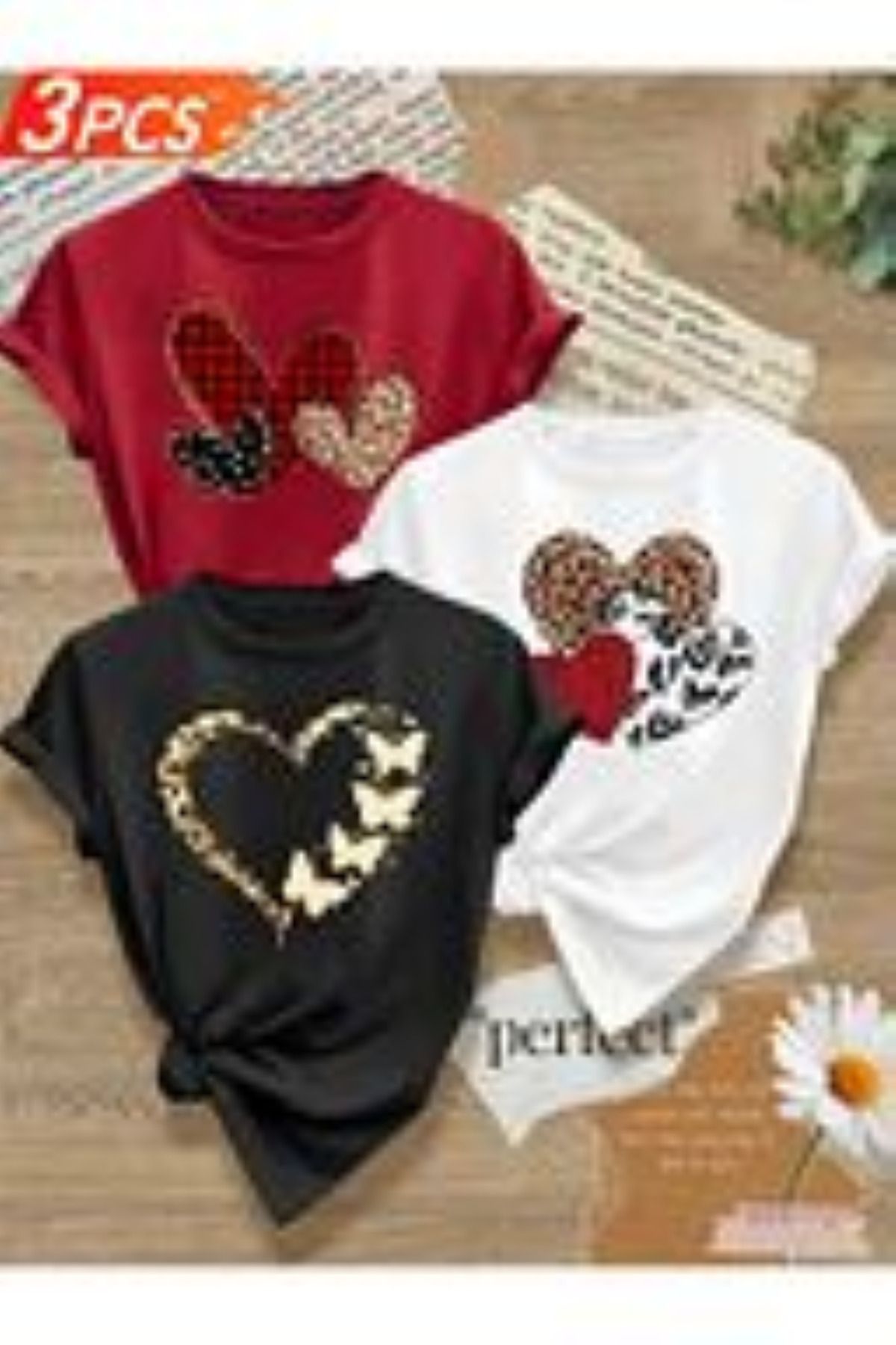 aynewmoda İlkbahar ve Sonbahar Aşk Baskılı Tişört, Yuvarlak Yaka, Kısa Kollu (3 adet 1200 TL)