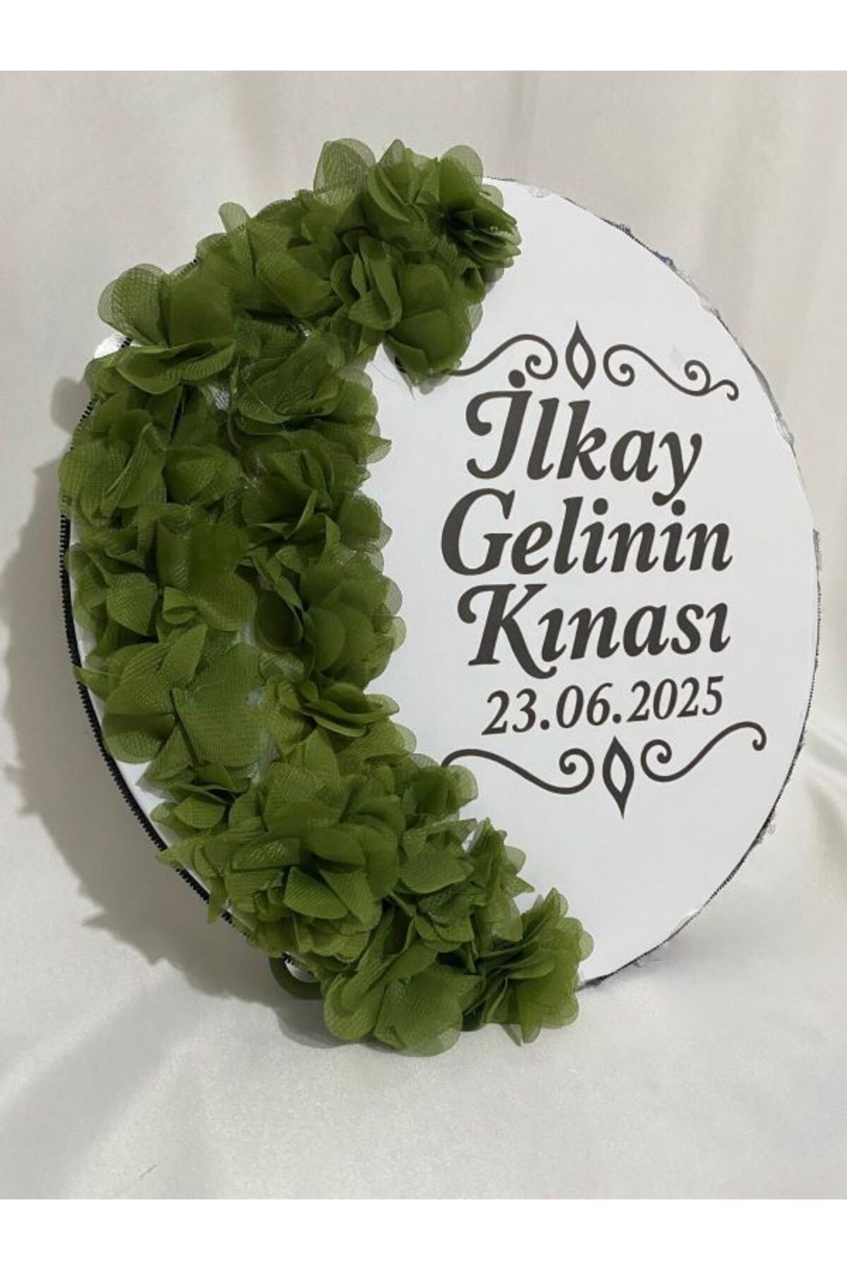 ARHEDİYELİK Gelin Tefi 30cm, İsim ve Tarih Yazılı Yarım Ay Şeklinde Tasarlanmış Düğün Kına Tefi (YEŞİL)