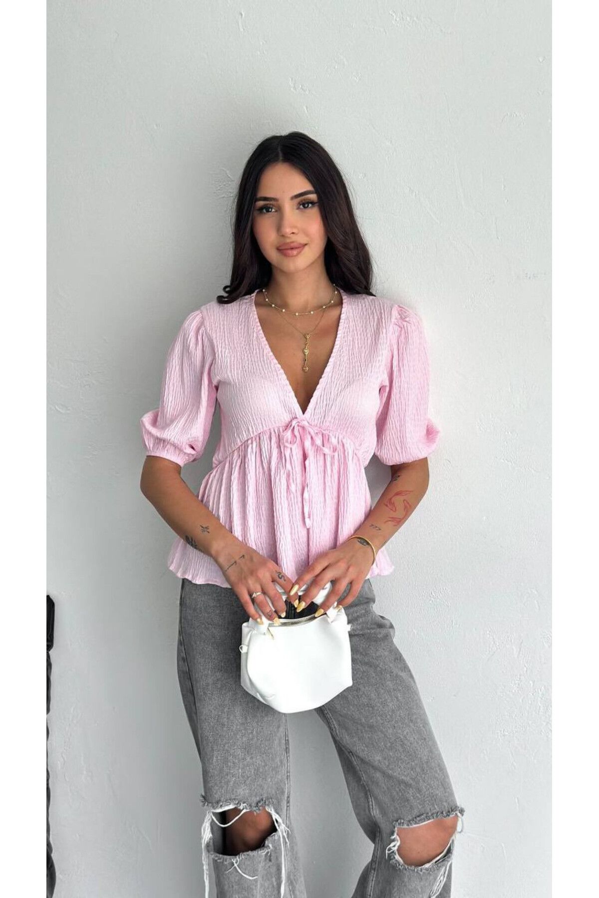 nays butik V Yaka Bağmalı Bluz