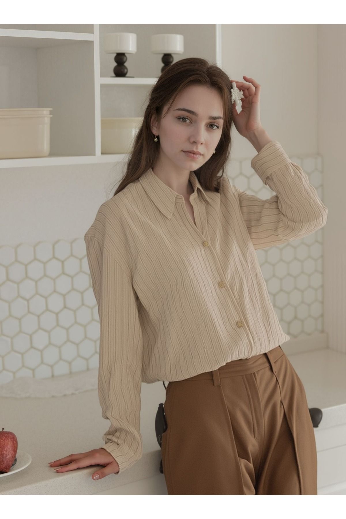 VNYA collection VNYA Kendinden Çizgili Keten Karışımlı Uzun Kollu Gömlek