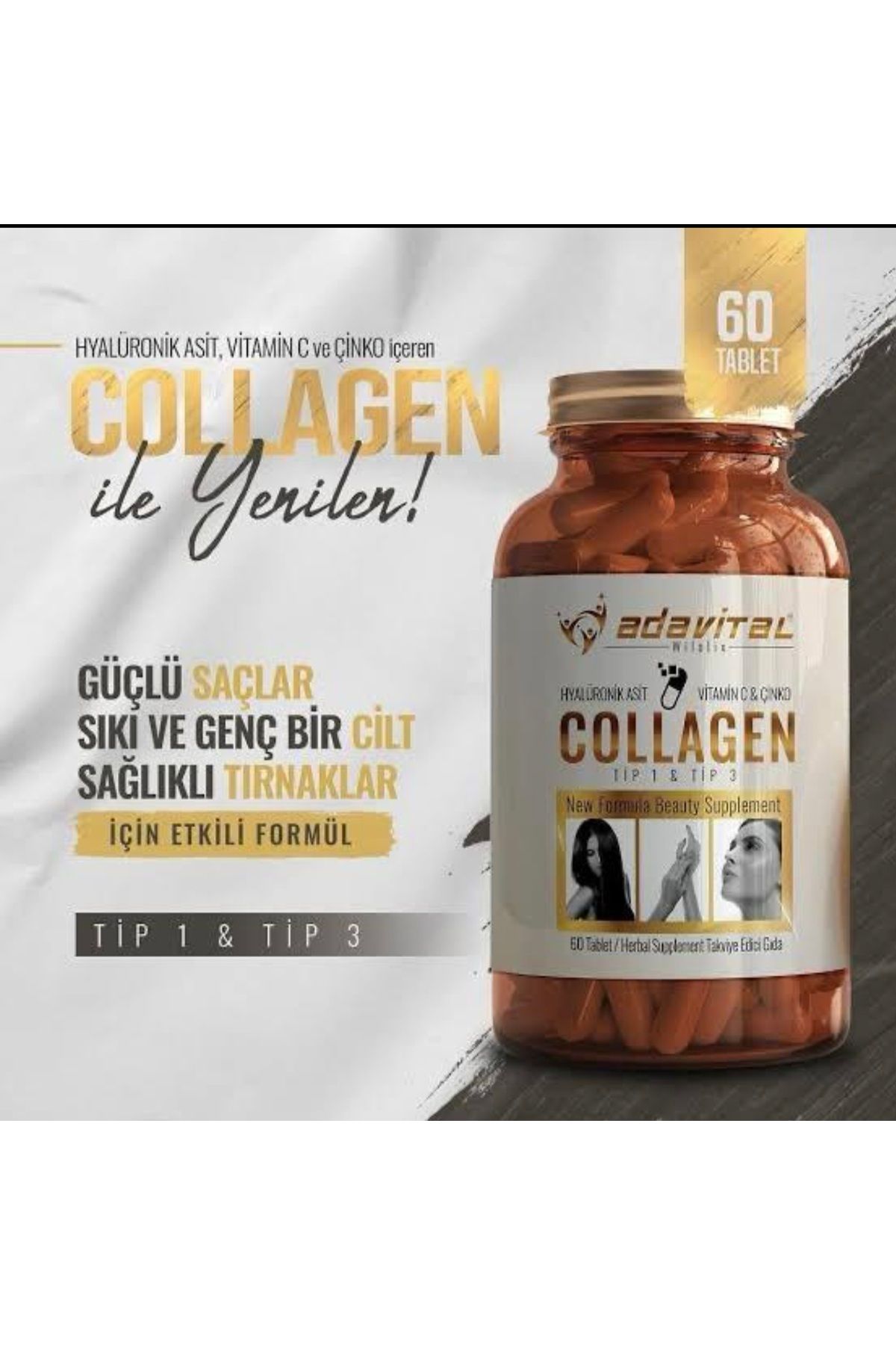 adavital Collagen 2 Tip Kolejen Tip1 Tip 3 (Suplement, C vitamini ve Çinko ) 1.300 ml gram 60 Tablet