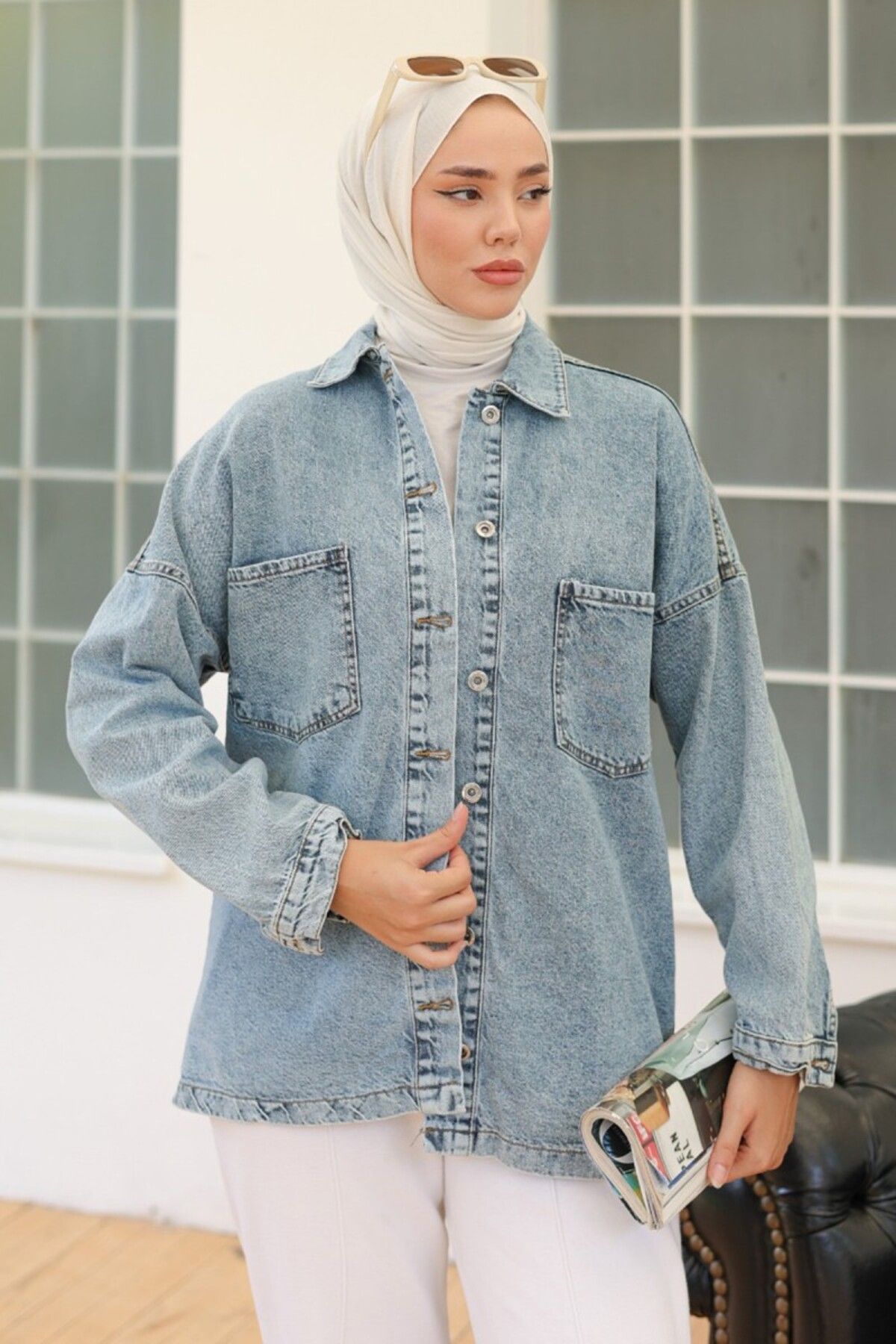 TOFİSA Kadın Oversize Cep Detay Kot Gömlek Ceket Acik Mavi - 26571