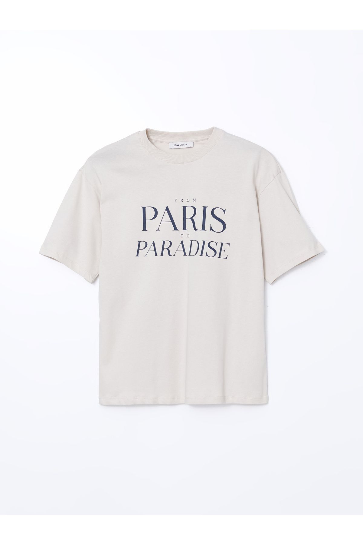 LC Waikiki Bisiklet Yaka Paris Baskılı Oversize Kadın Tişört