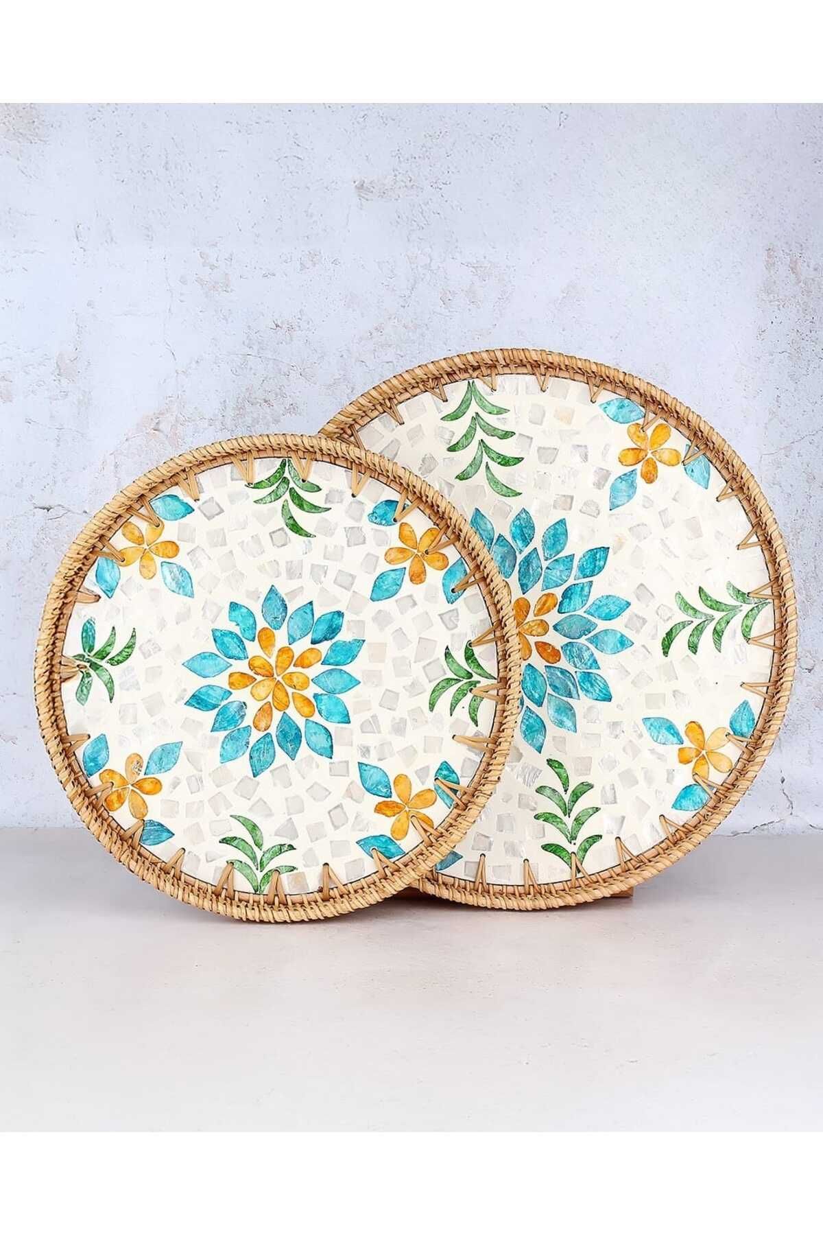 777Home Hasır Yuvarlak Tepsi Turuncu Desenli