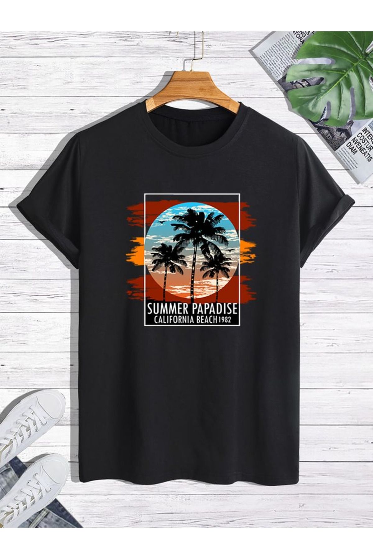 aynewmoda Erkek Tropikal Grafik Harfli Tişört