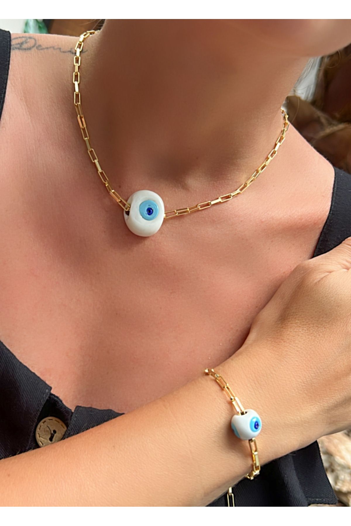 Kutcha Accessories Nazar Boncuğu Kolye Bileklik Takımı Kadın – Altın Kaplama Zincirli Takı Seti (Renk Seçenekli)