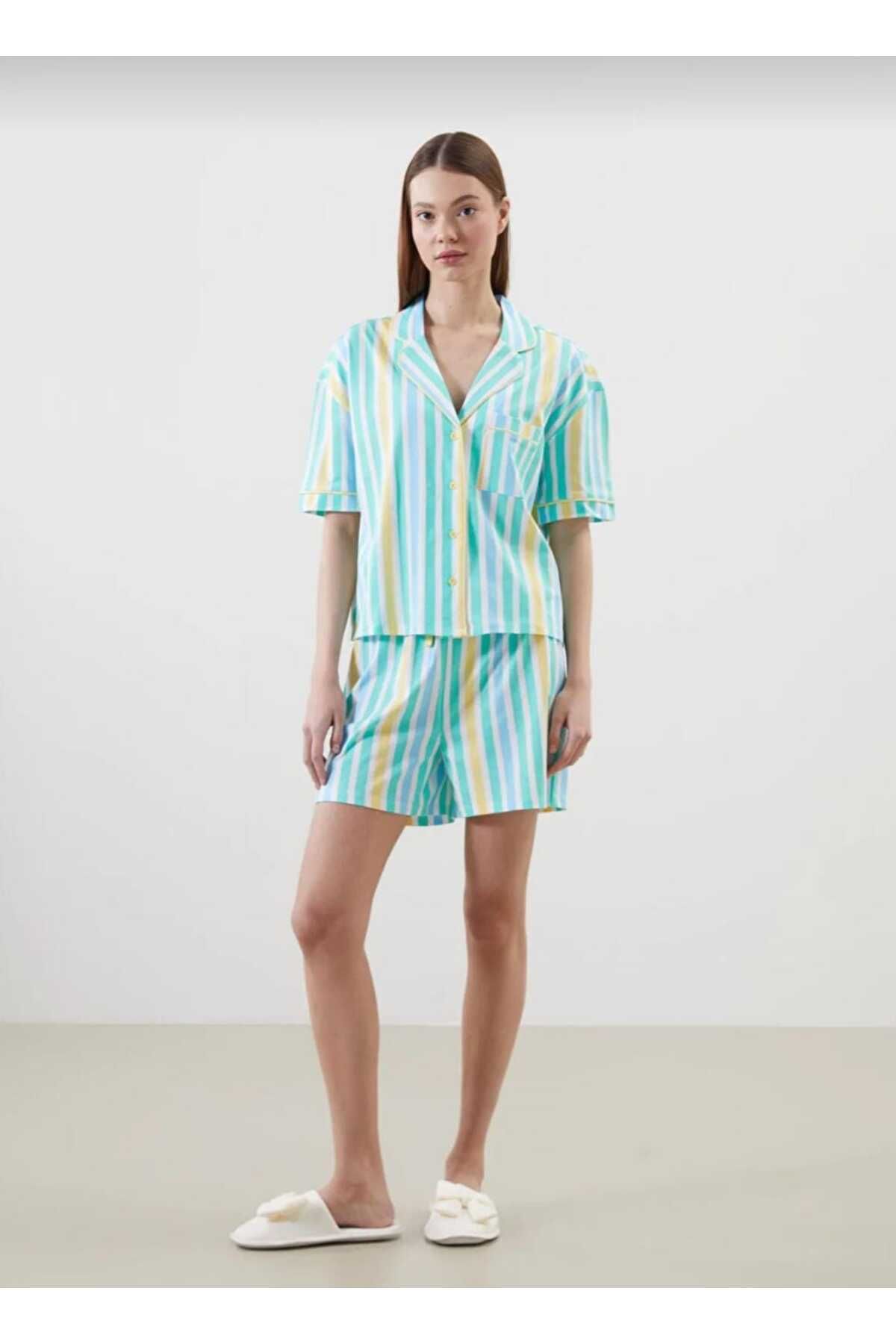 LC Waikiki LCW DREAM Sari Gömlek Yaka Çizgili Kadın Şortlu Pijama Takımı