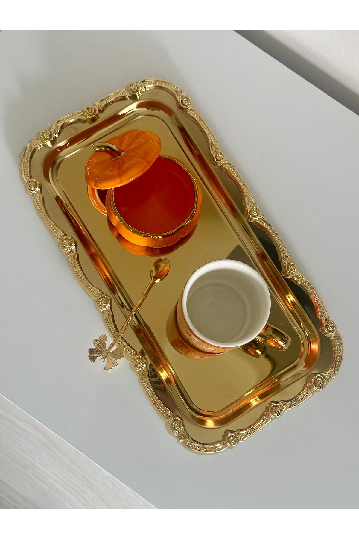 Melinda home Lüx Gold Baton Tepsi İtalyan Model Paslanmaz Çelik Çay ,kahve , Servis Sunum Tepsisi 1 ADET 33x17