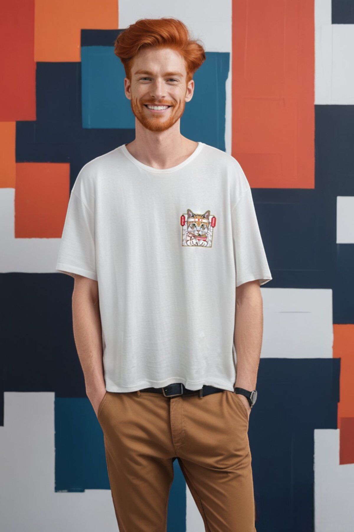 CANMODA Ramen Cat Oversize Tişört - Beyaz