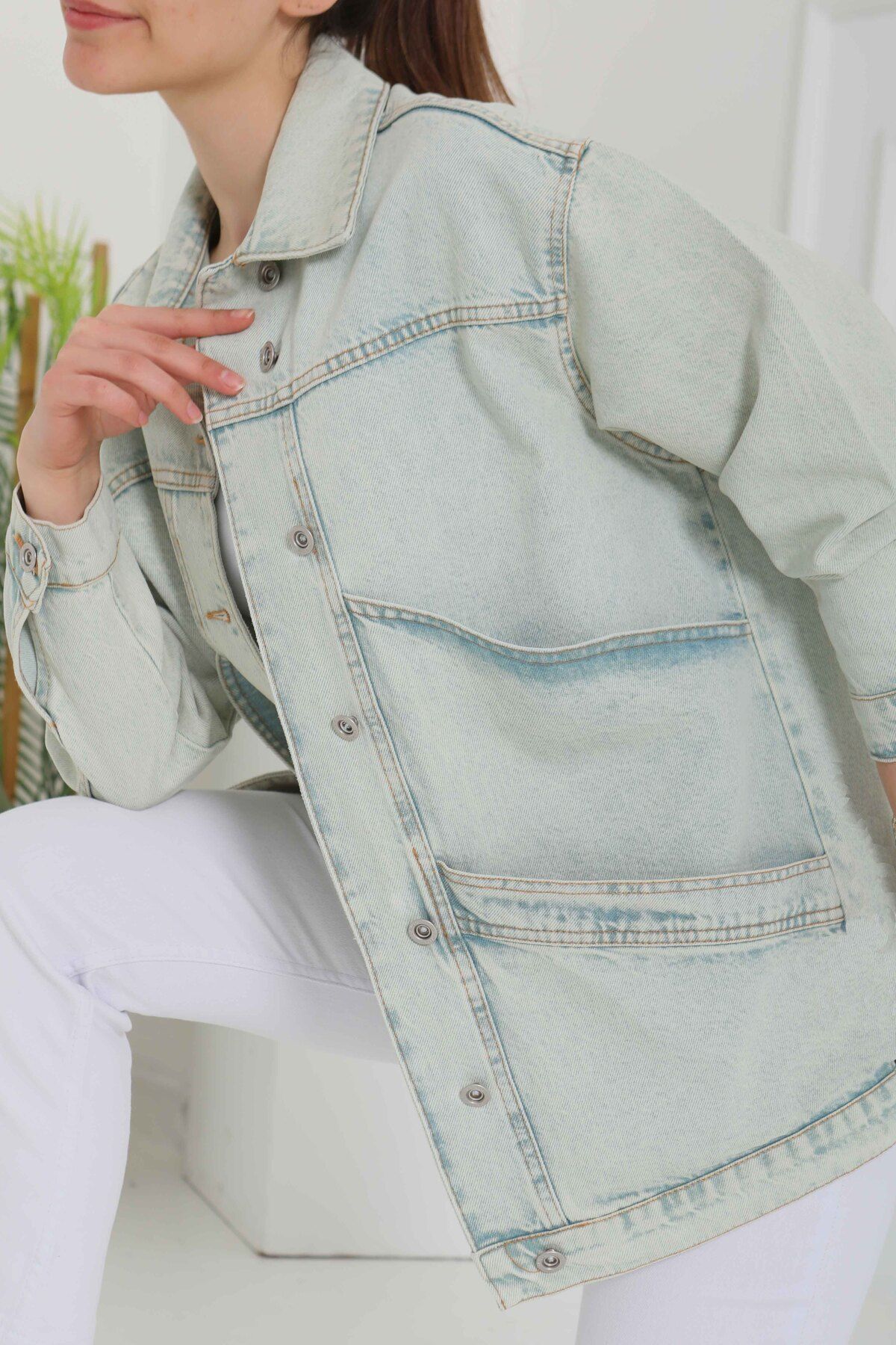 TOFİSA Kadın Oversize Çift Cep Detaylı Kot Ceket Mint - 26589