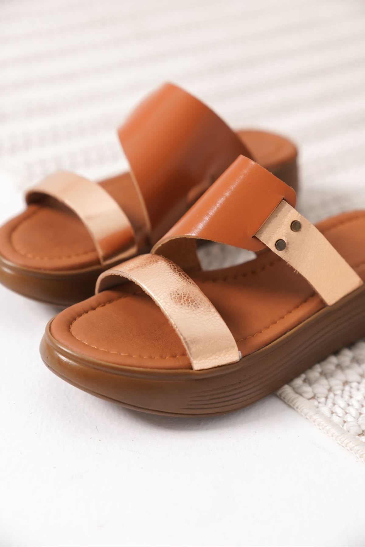 Zerenyus-Hermon Premium Tan Gold Detailed Genuine Leather Slippers 4