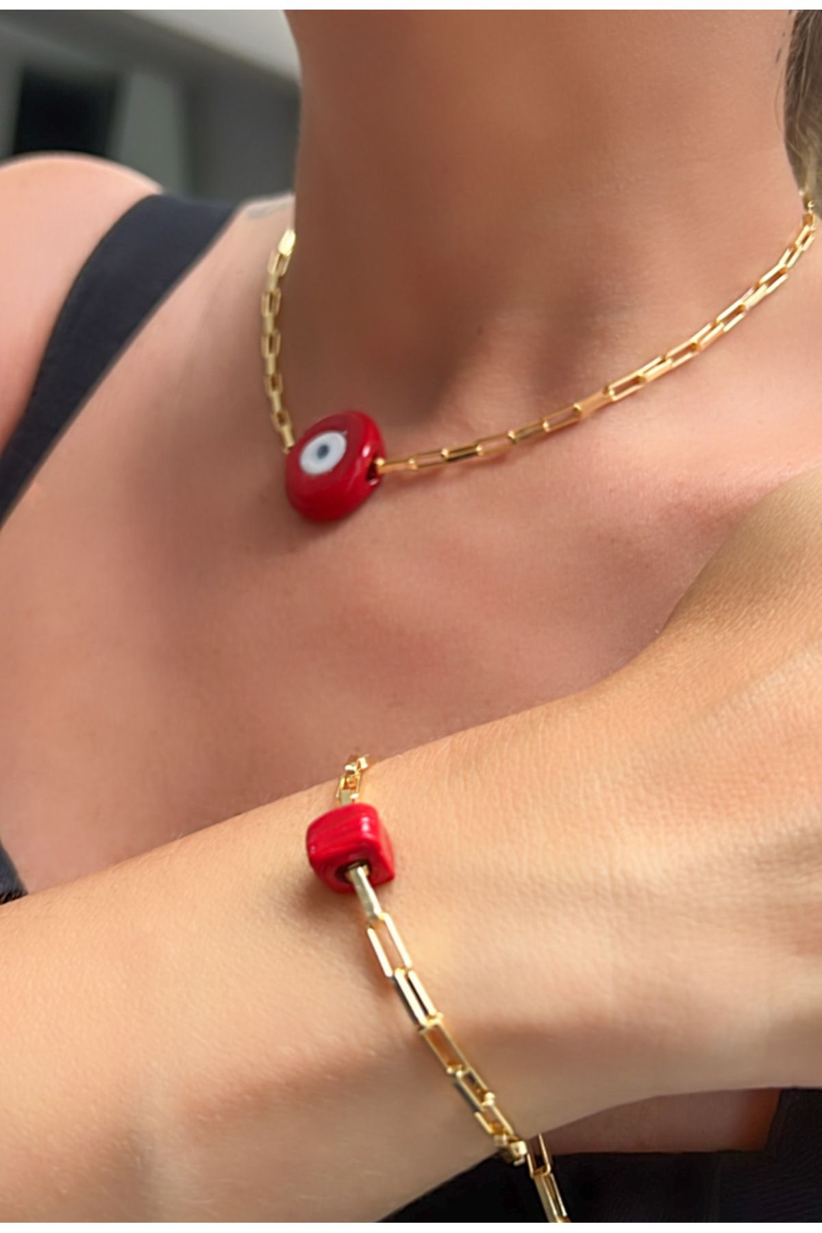 Kutcha Accessories Nazar Boncuğu Kolye Bileklik Takımı Kadın – Altın Kaplama Zincirli Takı Seti (Renk Seçenekli)