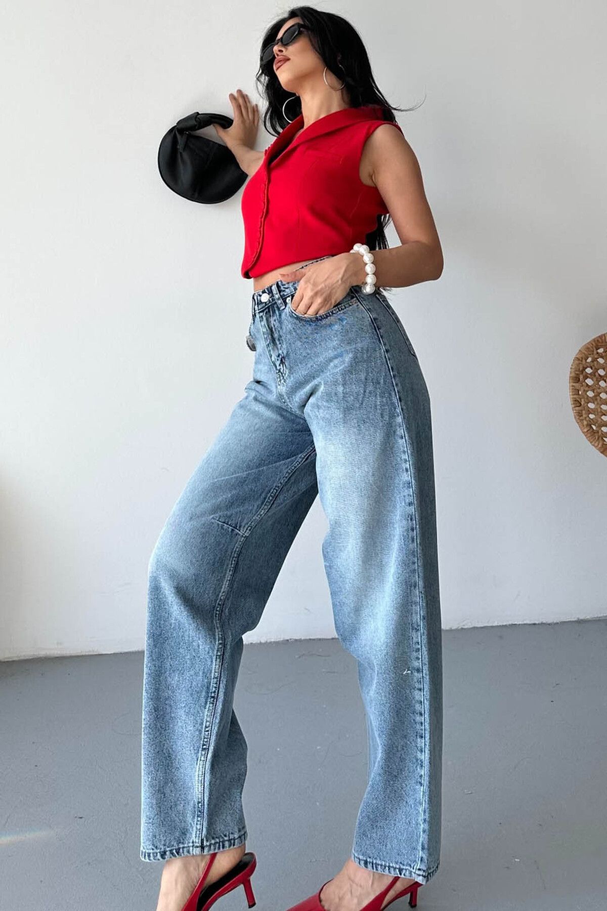TOFİSA Tokalı Baggy Kot Pantolon Mavi - 27297