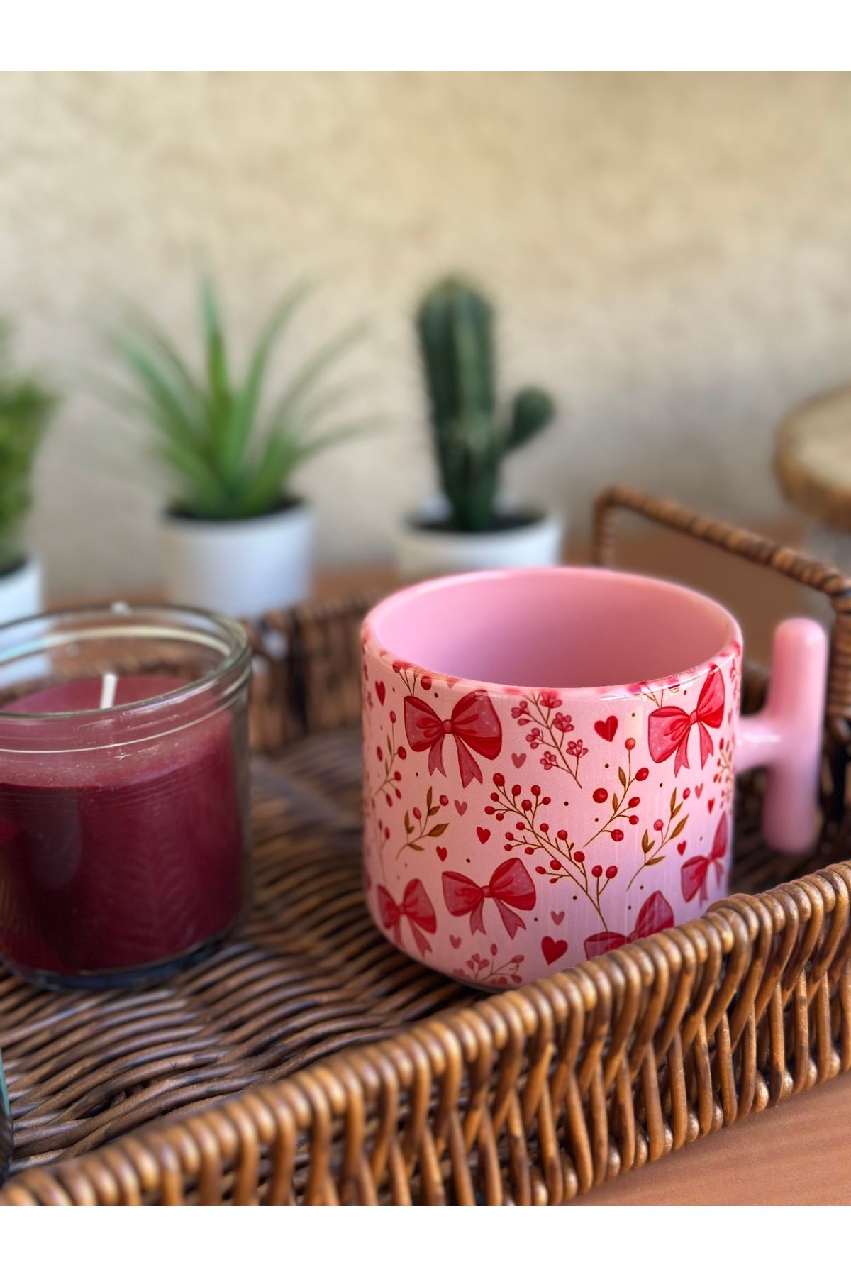 Cupova Pembe Çiçekli Kurdeleli Pembe Kupa Bardak, Hediye, Doğum Günül
