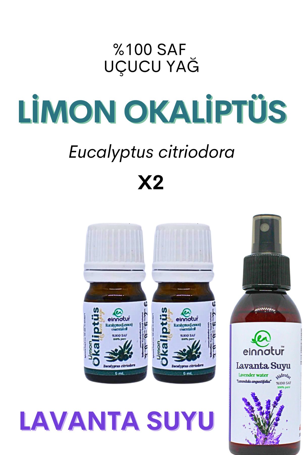 EinNatur 2 adet Limon okaliptüs 5 ml ve Lavanta suyu 100 ml, E. citriodora, L. officinalis hidrosol