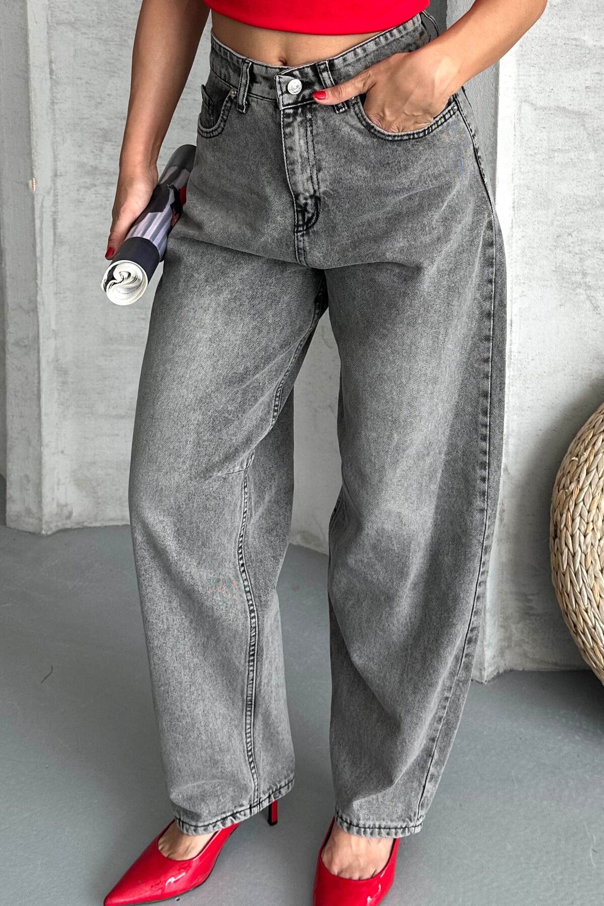 TOFİSA Tokalı Baggy Kot Pantolon Füme - 27297