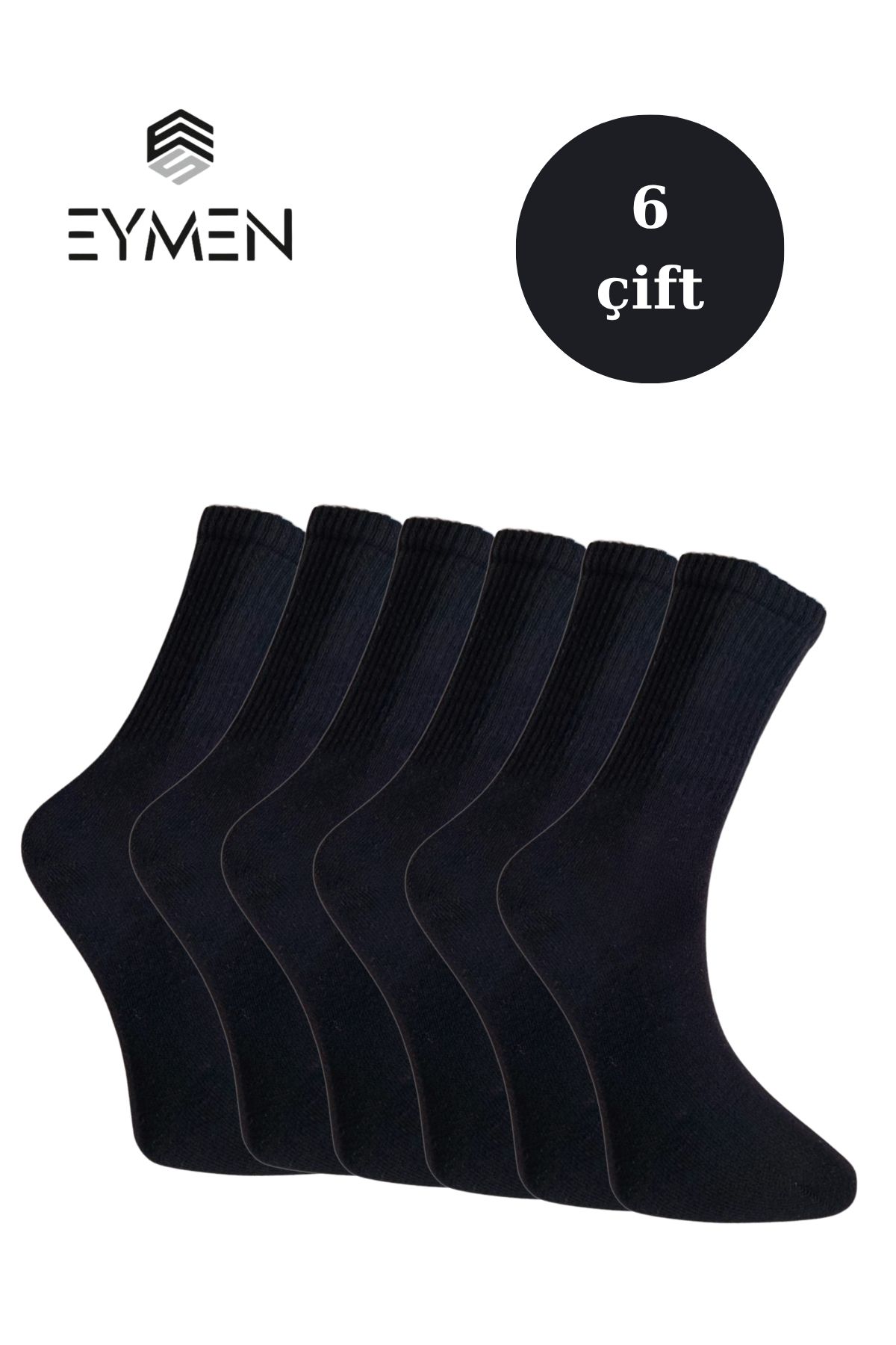 Eymen Socks 6'lı Paket Unisex Kolej & Tenis Çorabı Düz Renk Siyah | Pamuklu Uzun (KADIN & ERKEK)