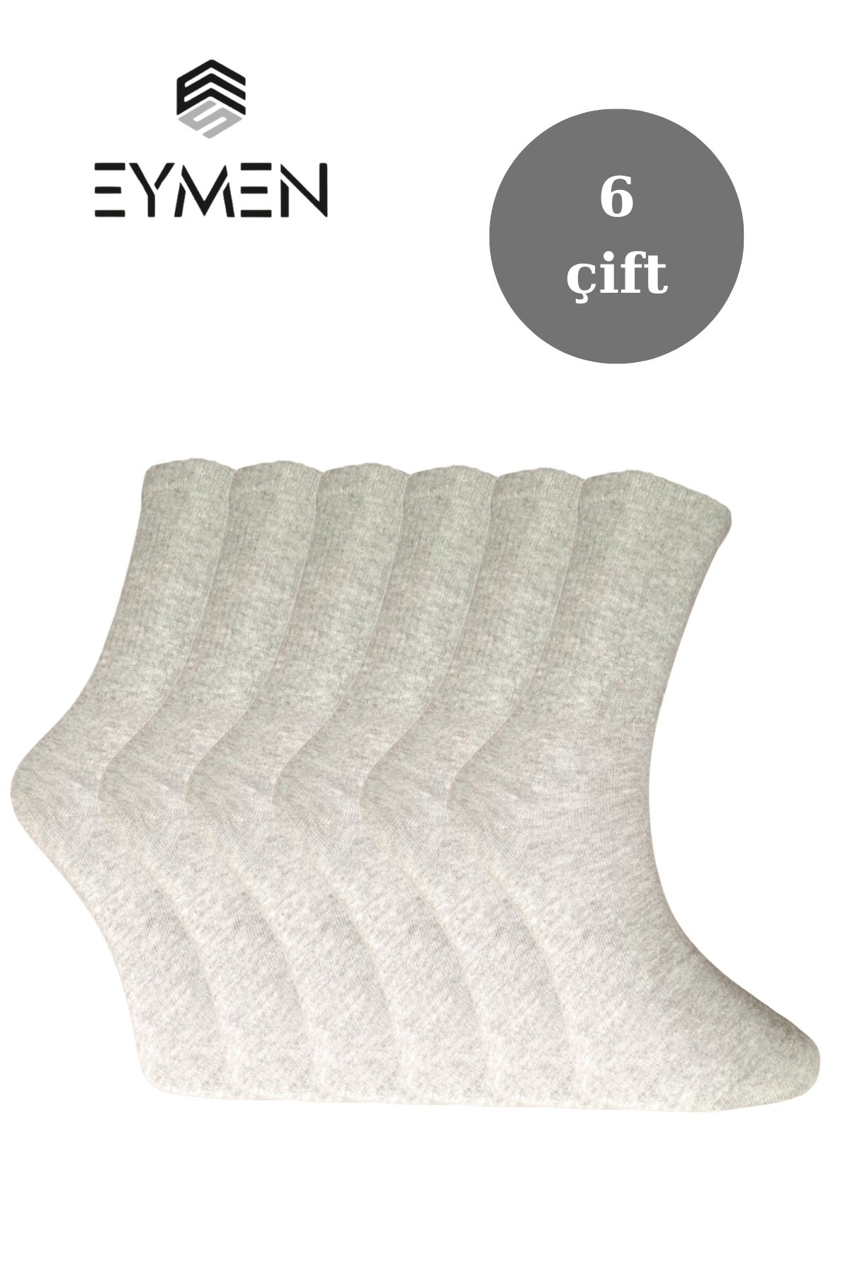 Eymen Socks 6'lı Paket Unisex Kolej & Tenis Çorabı Düz Renk Gri | Pamuklu Uzun (KADIN & ERKEK)
