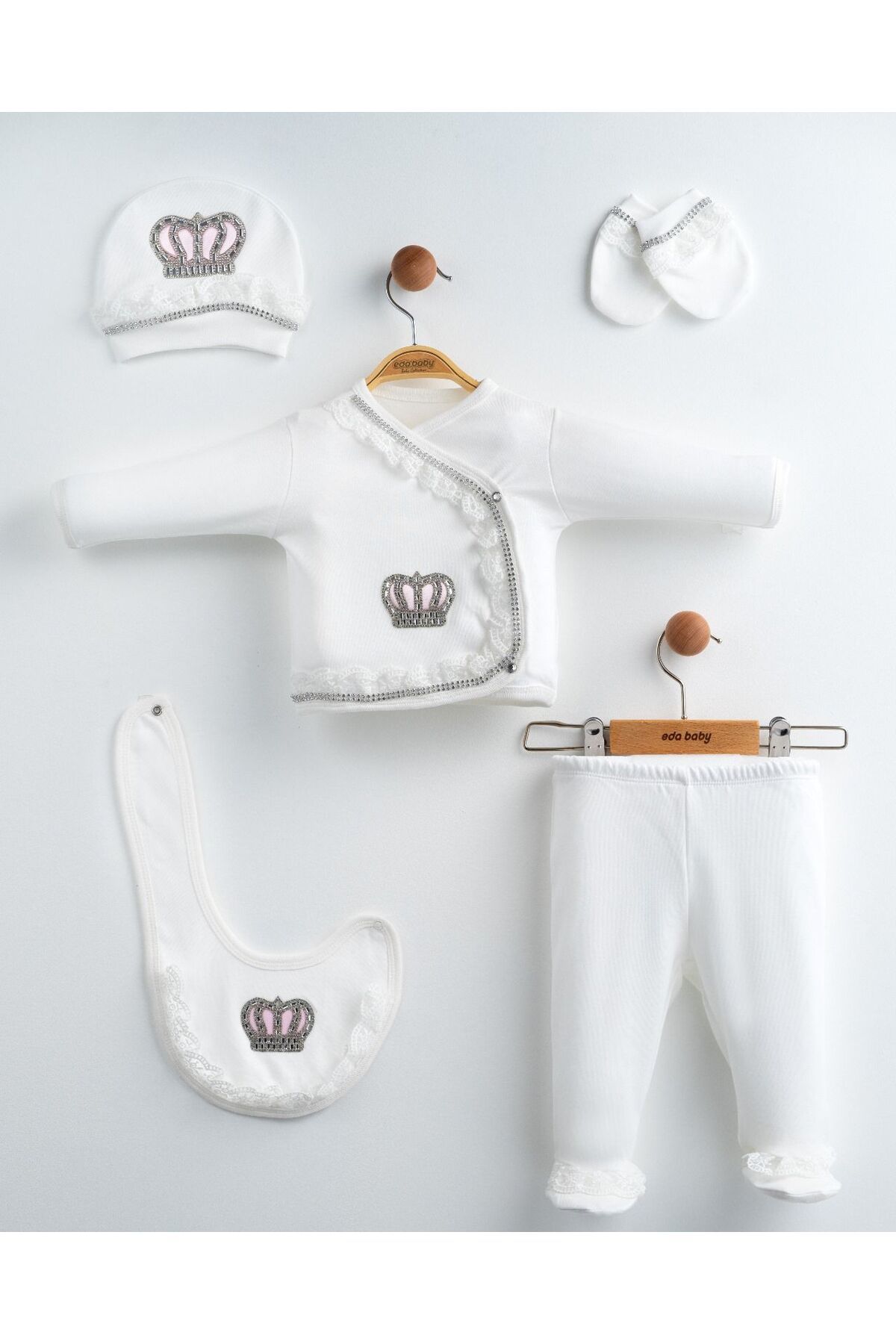 yuga kids Taç İşlemeli 5 Parça Hastane Çıkışı Yenidoğan Set