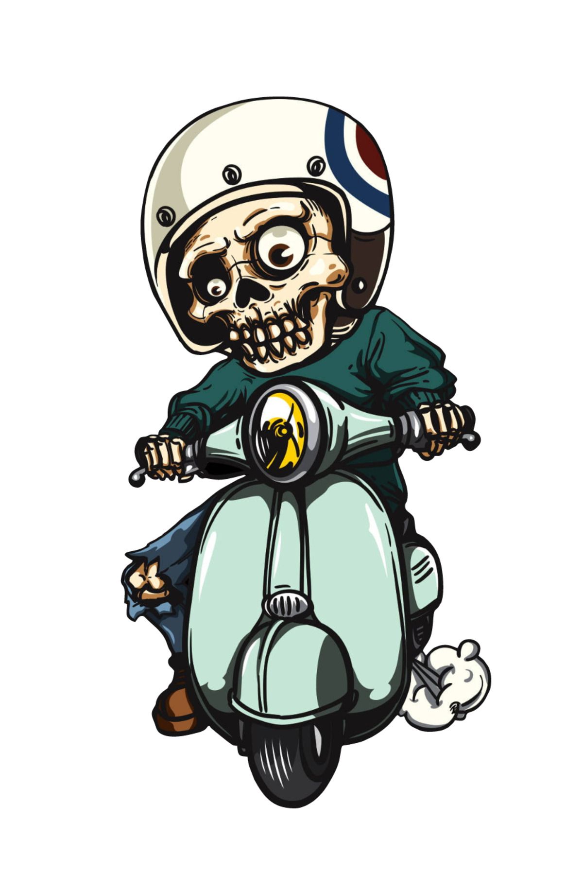 Nenya Scooter Kullanan Sevimli Iskelet Sticker Motor, Kask, Laptop, Araba Sticker 16x8cm