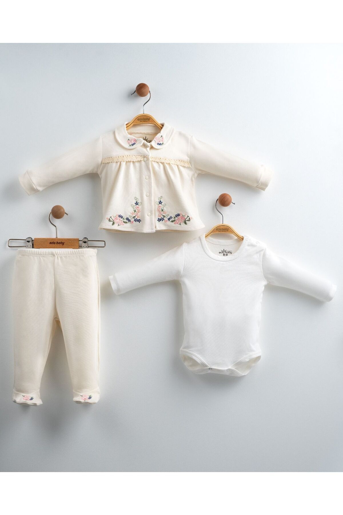 yuga kids Ortanca Çiçek Nakış İşlemeli Yenidoğan 3 Parça Hastane Çıkış Seti