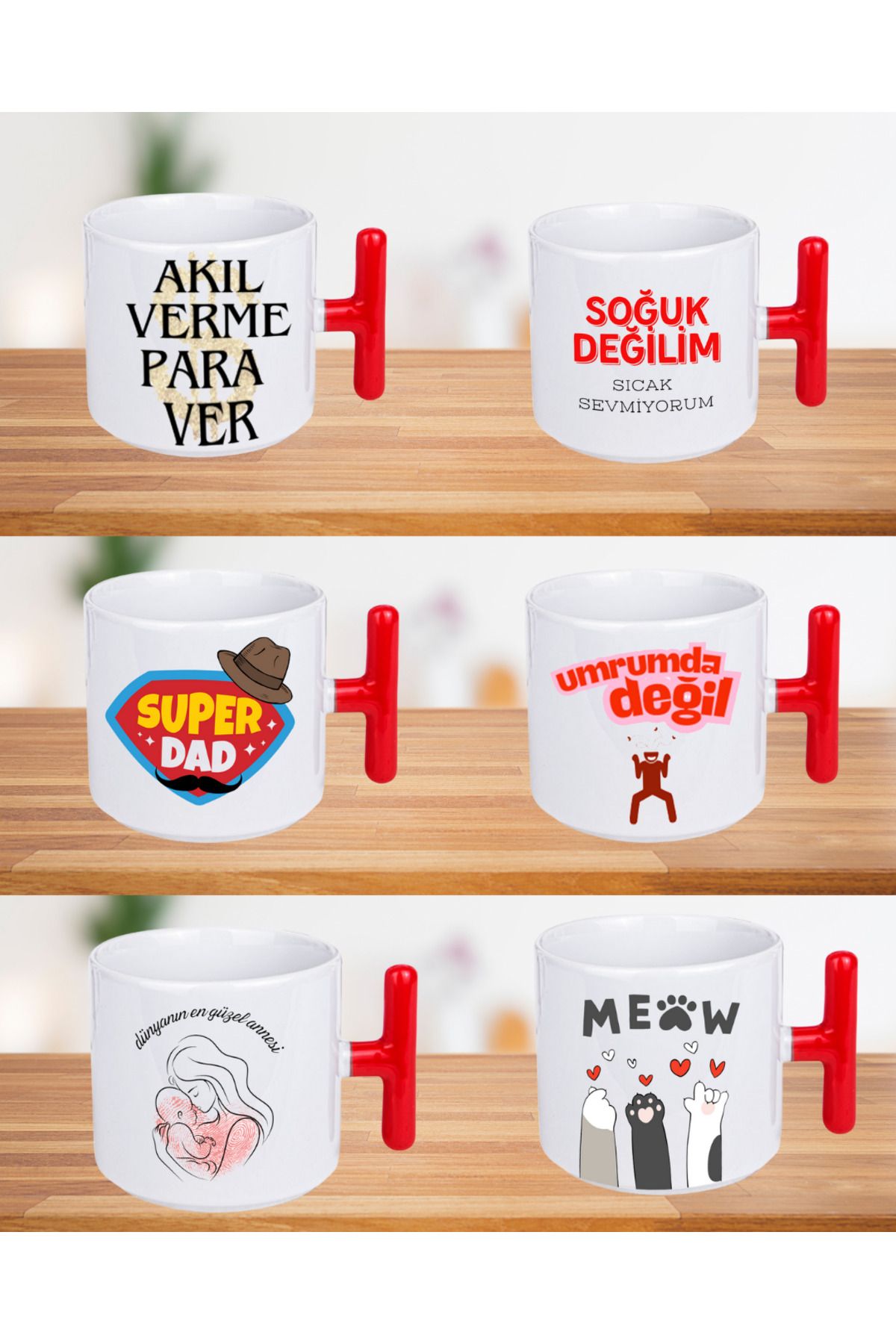 NACARLAR 6 Adet Kırmızı T Kulplu Baskılı Kahve Kupası