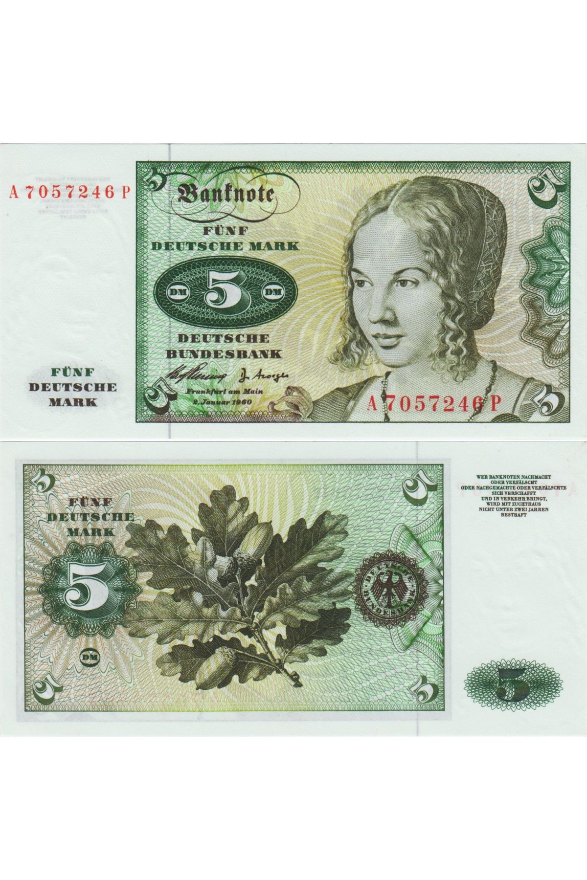 Banknoting BATI ALMANYA 5 MARK 1960 A SERİSİ NADİR TARİH. ÇİL KONDİSYON.