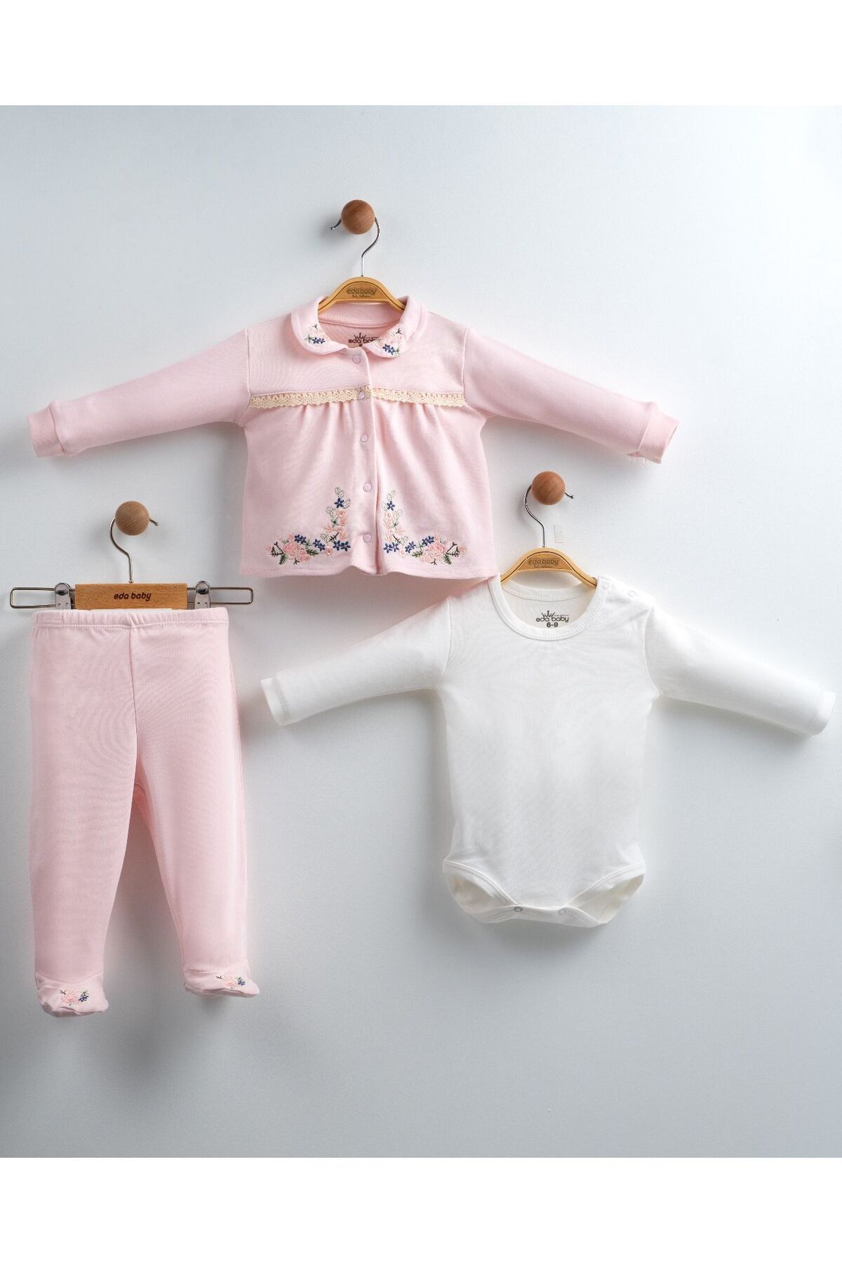 yuga kids Ortanca Çiçek Nakış İşlemeli Yenidoğan 3 Parça Hastane Çıkış Seti