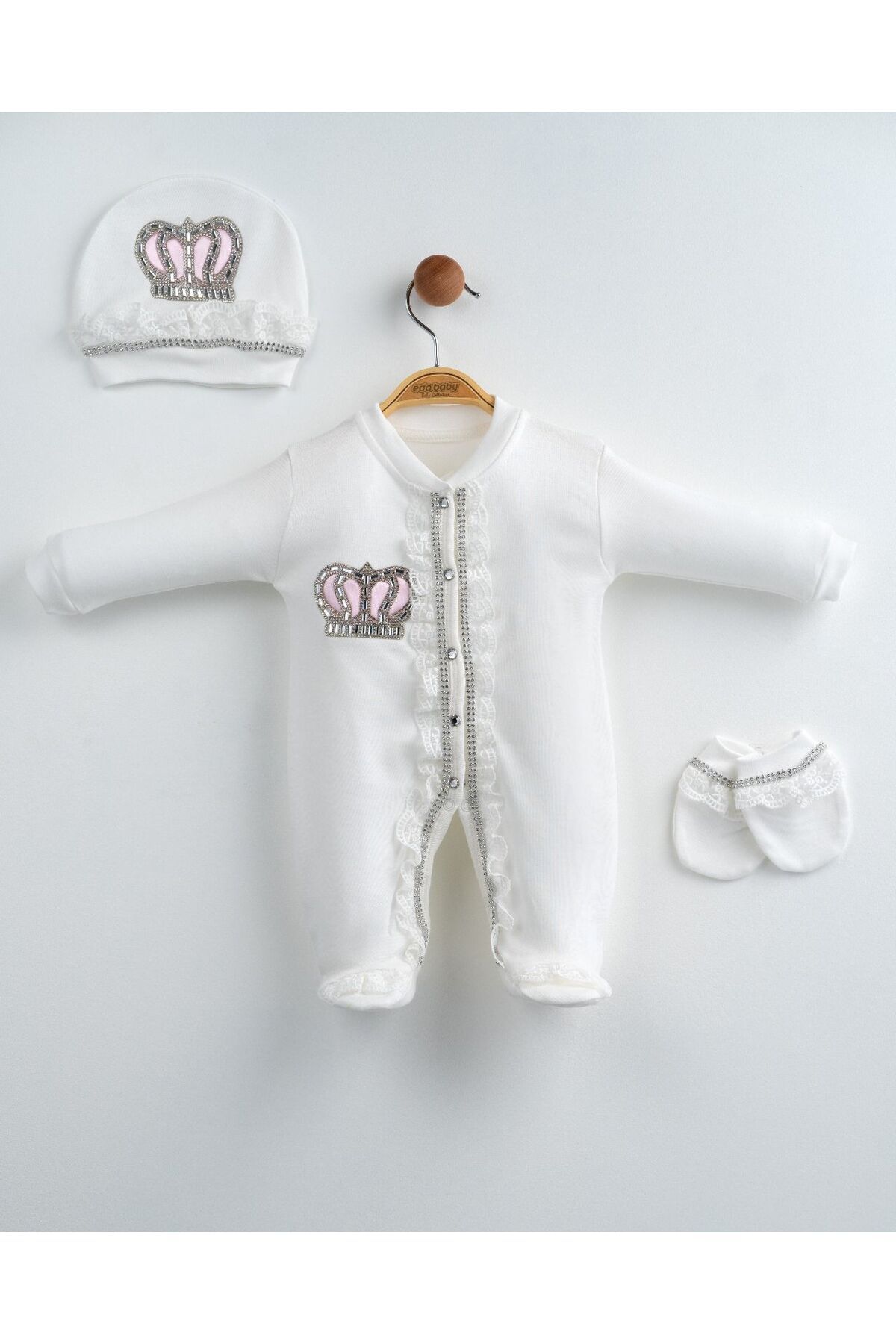 yuga kids Taç İşlemeli 3 Parça Hastane Çıkışı Yenidoğan Tulum Set